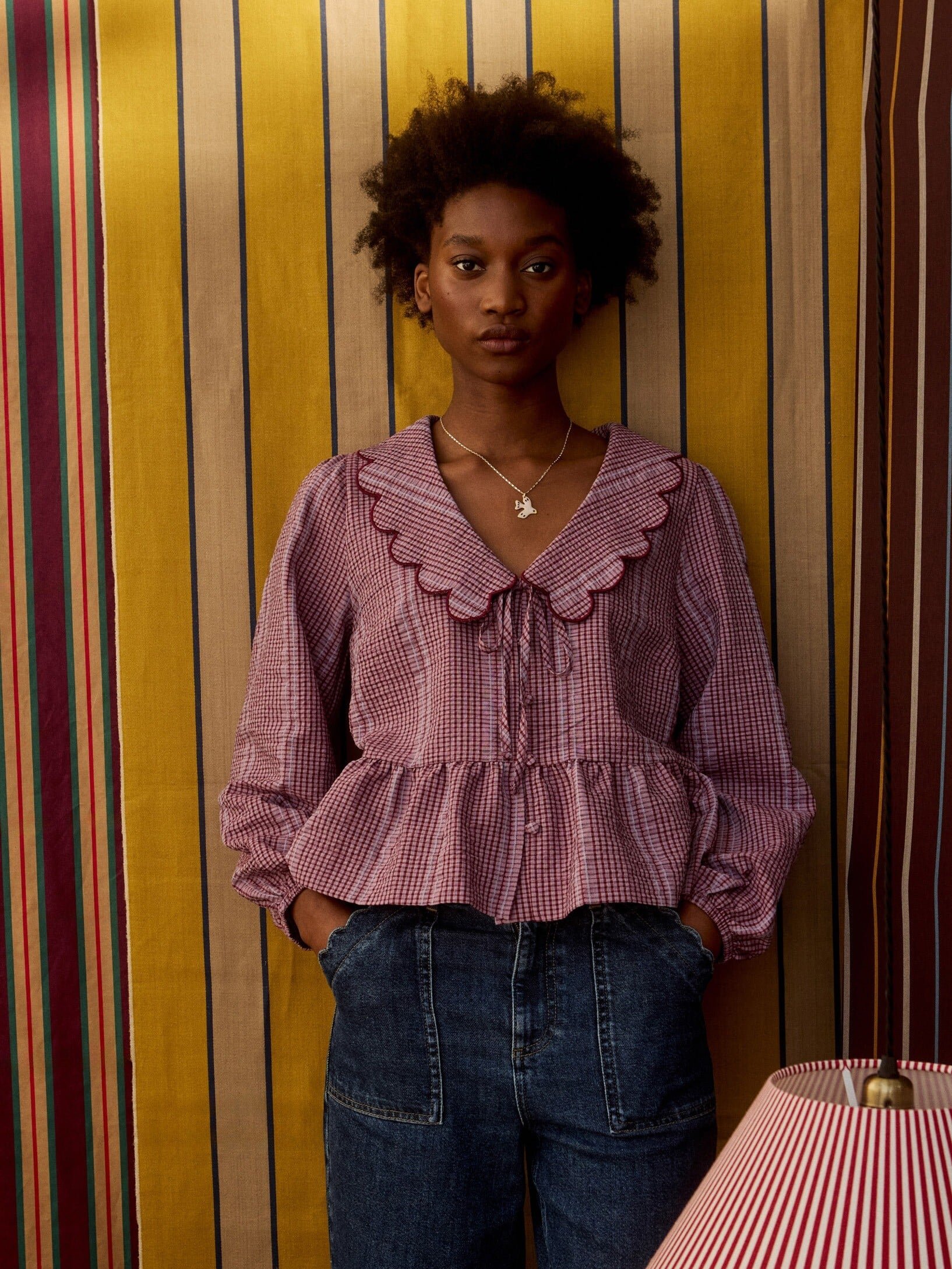 Burgundy Gingham Scalloped Collar Tie Front Blouse | Oliver Bonas