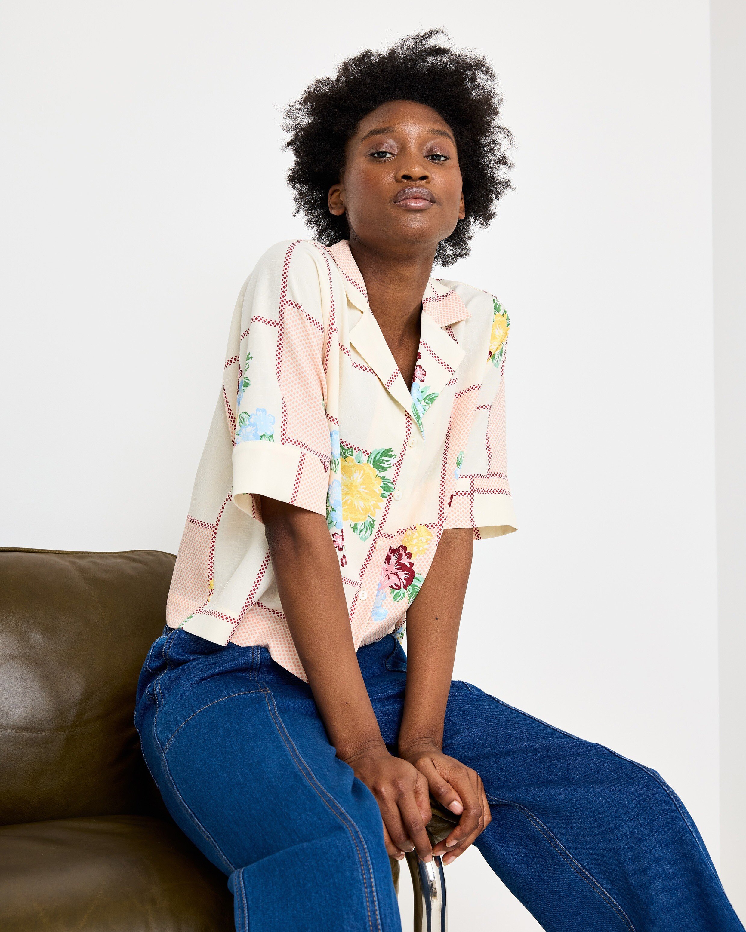 Cream Checked Floral Short Sleeve Shirt | Oliver Bonas