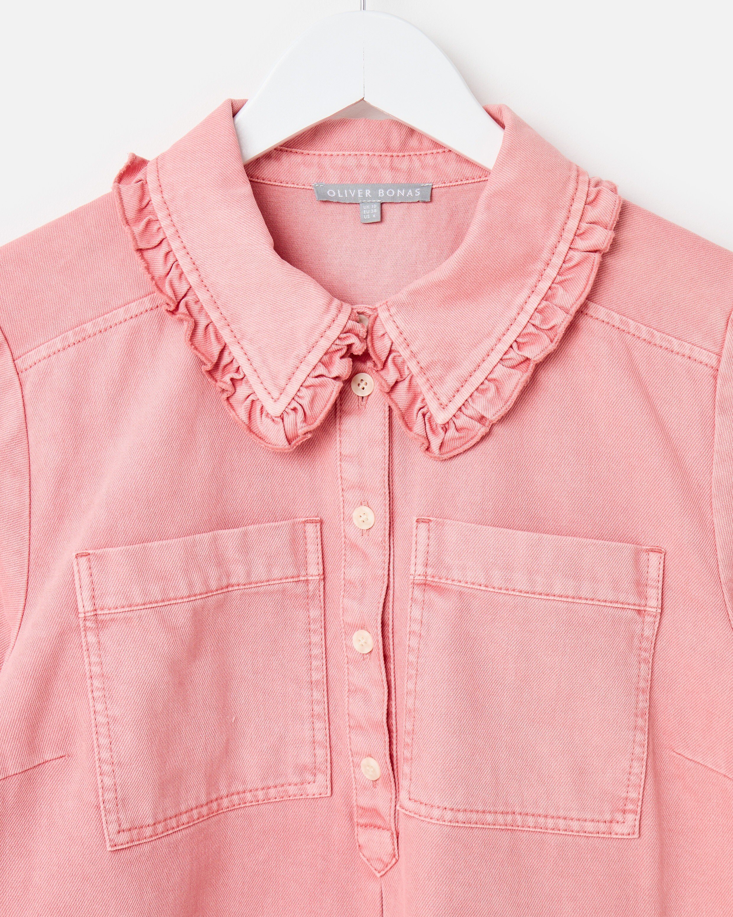 Washed Pink Frill Collar Denim Mini Dress | Oliver Bonas