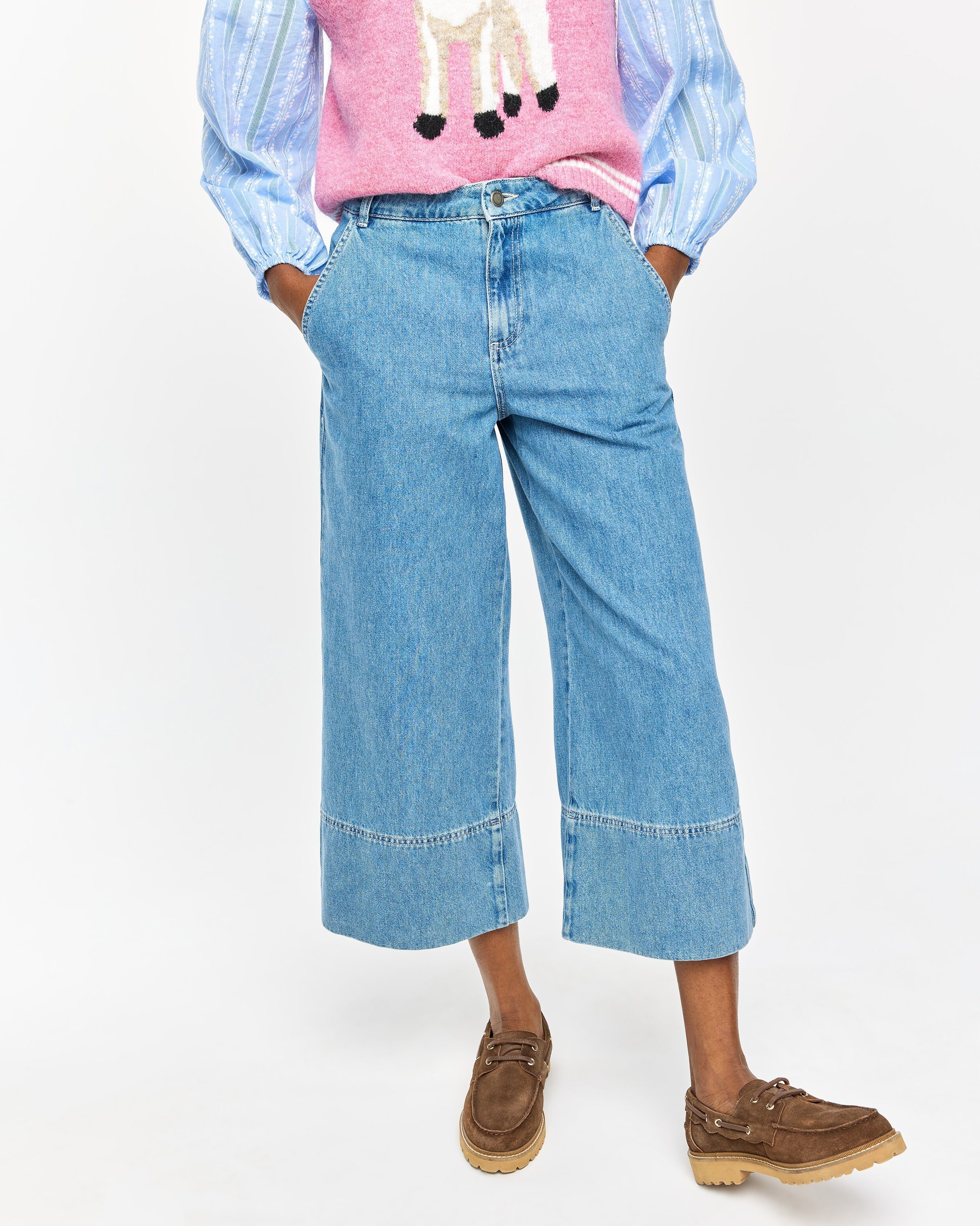 Blue Denim Cropped Wide Leg Jeans | Oliver Bonas