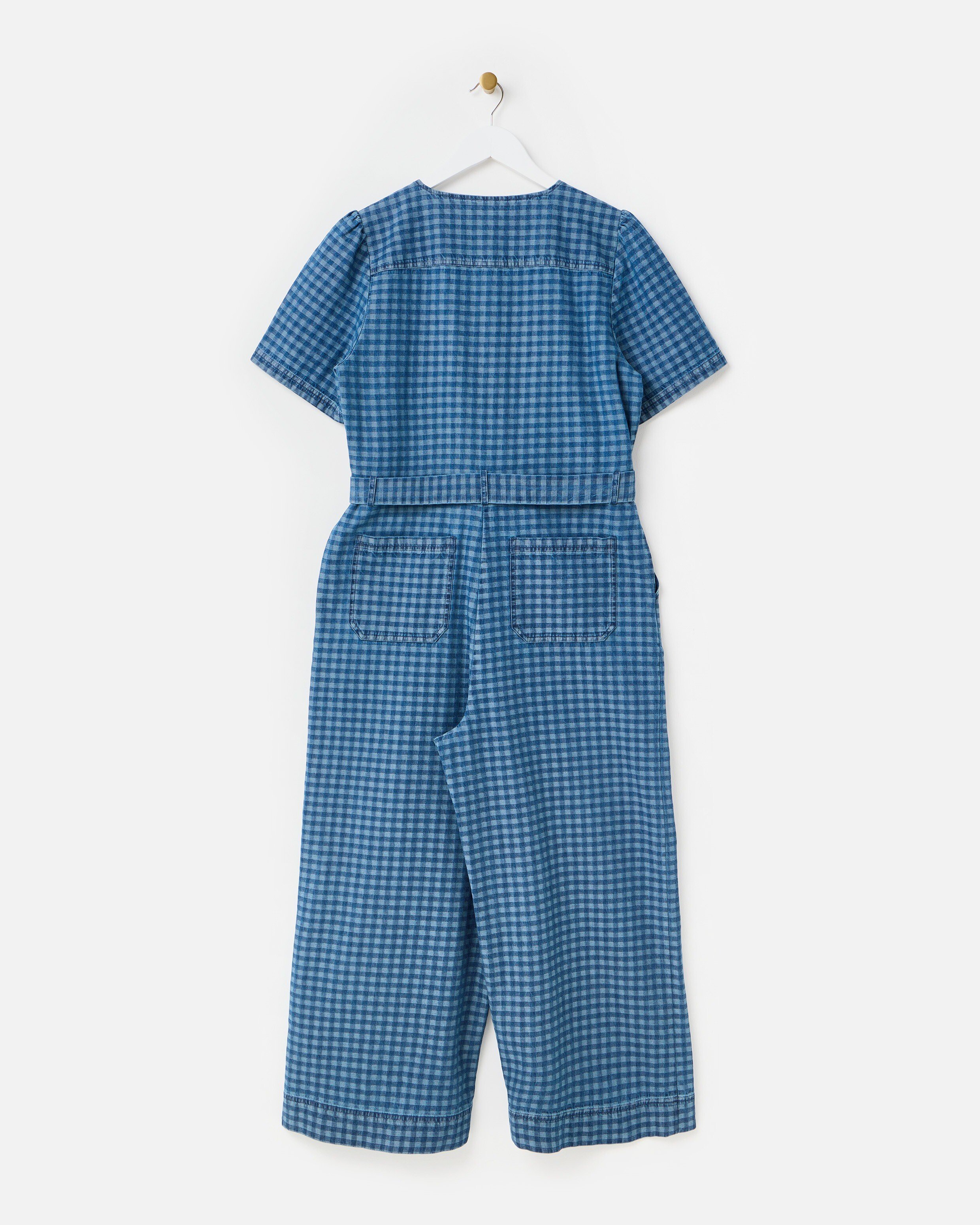 ohたか blurhms  cotton utility jumpsuit Blue Denim Gingham Cropped Wide Leg Jumpsuit | Oliver Bonas