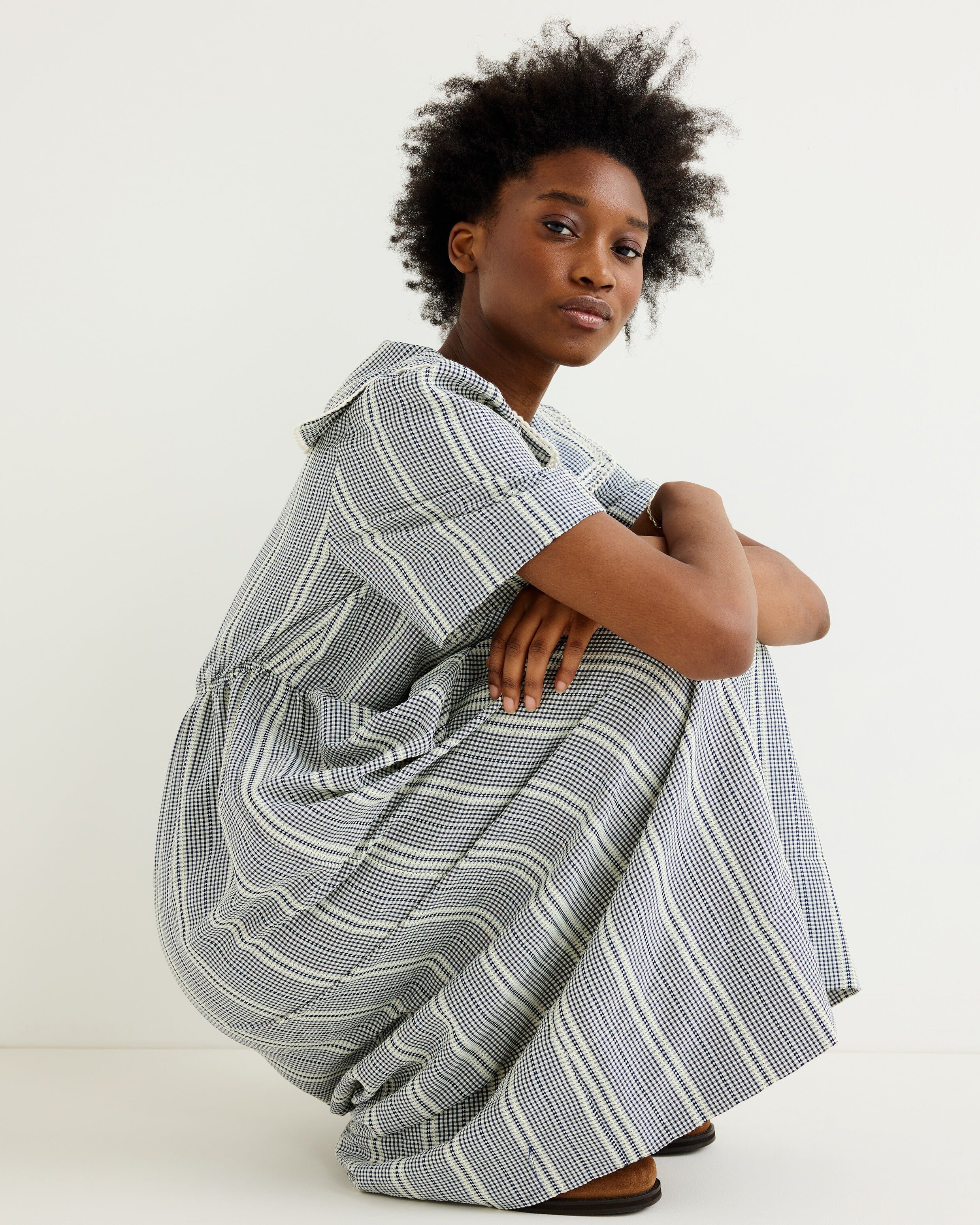 Navy Blue & White Gingham Sailor Collar Midi Dress | Oliver Bonas IE Navy Blue & White Gingham Sailor Collar Midi Dress | Oliver Bonas IE