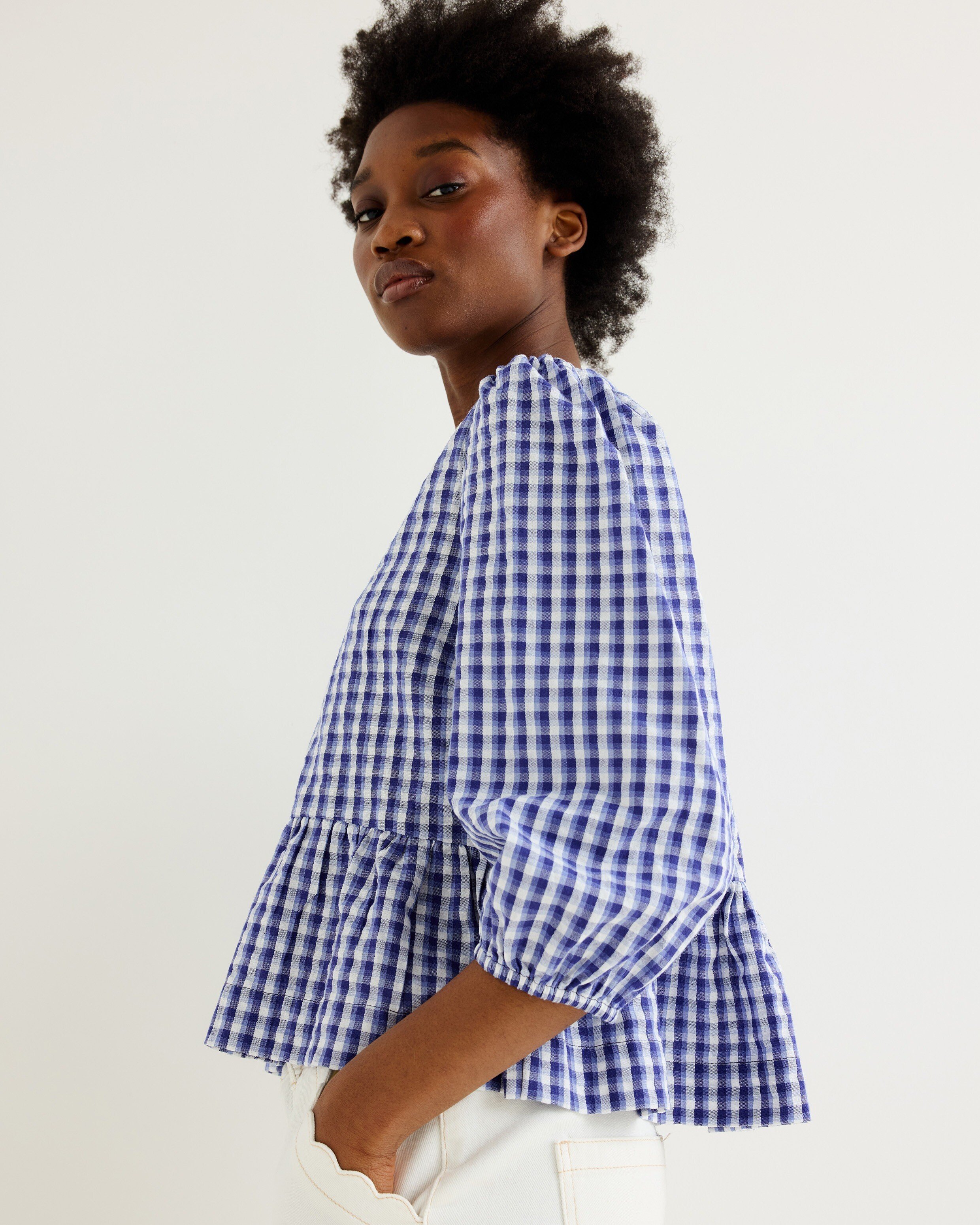 Blue & White Gingham Sailor Collar Cotton Peplum Blouse | Oliver Bonas