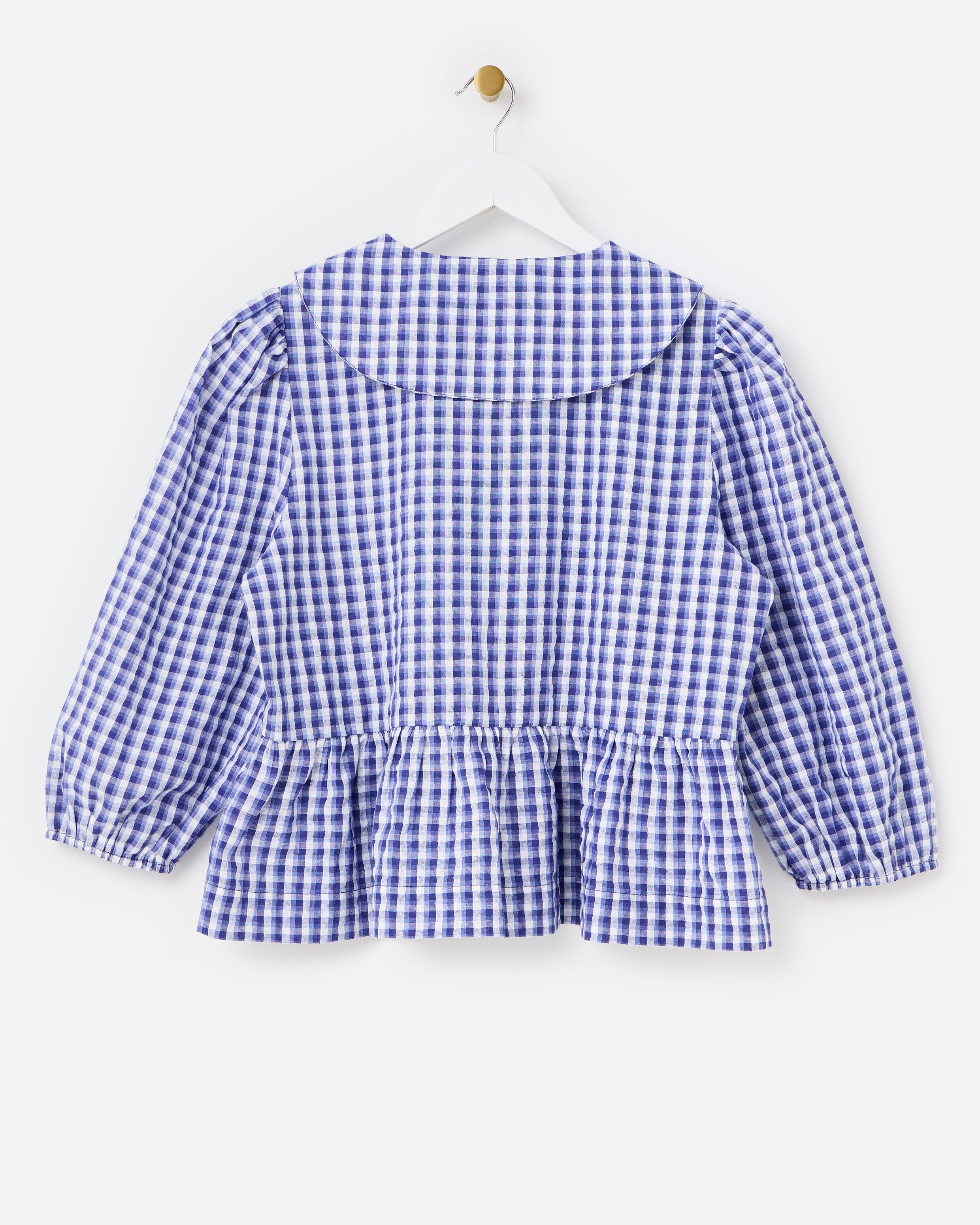 Blue & White Gingham Sailor Collar Cotton Peplum Blouse | Oliver Bonas