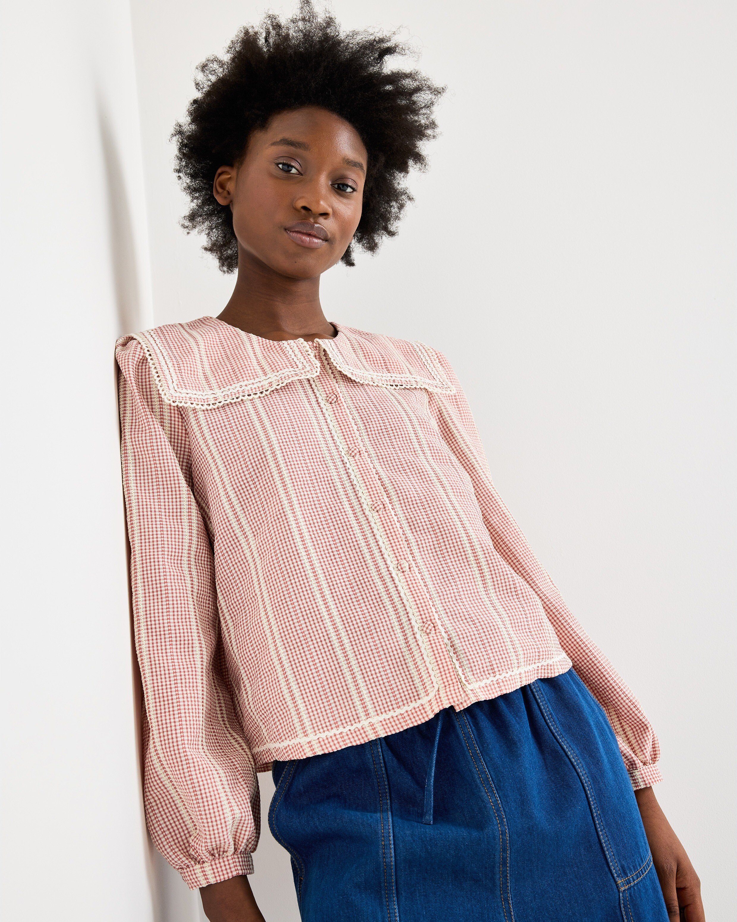 Pink & White Gingham Sailor Collar Blouse | Oliver Bonas