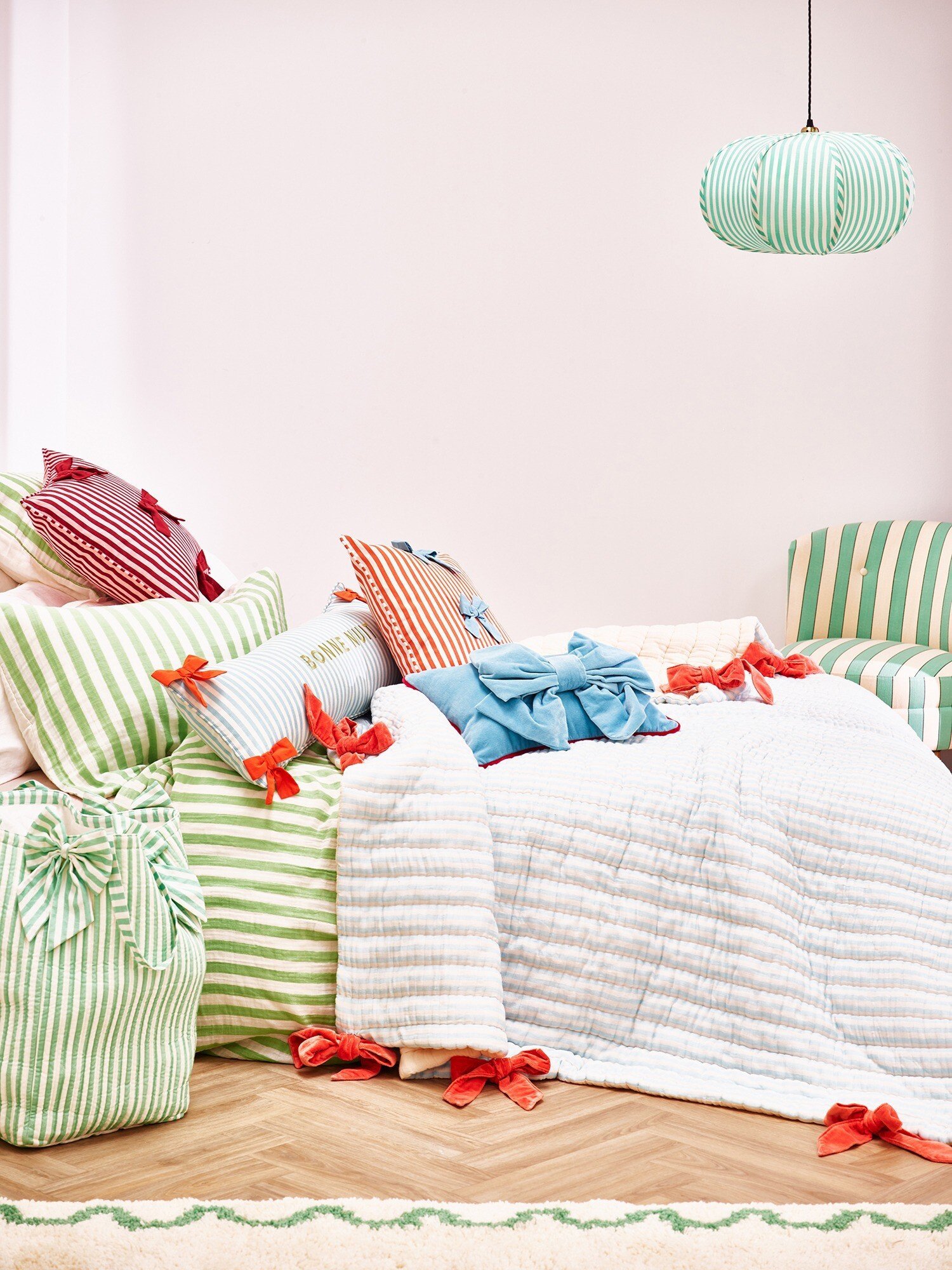 Blue Stripe & Bows Reversible Quilted Bedspread