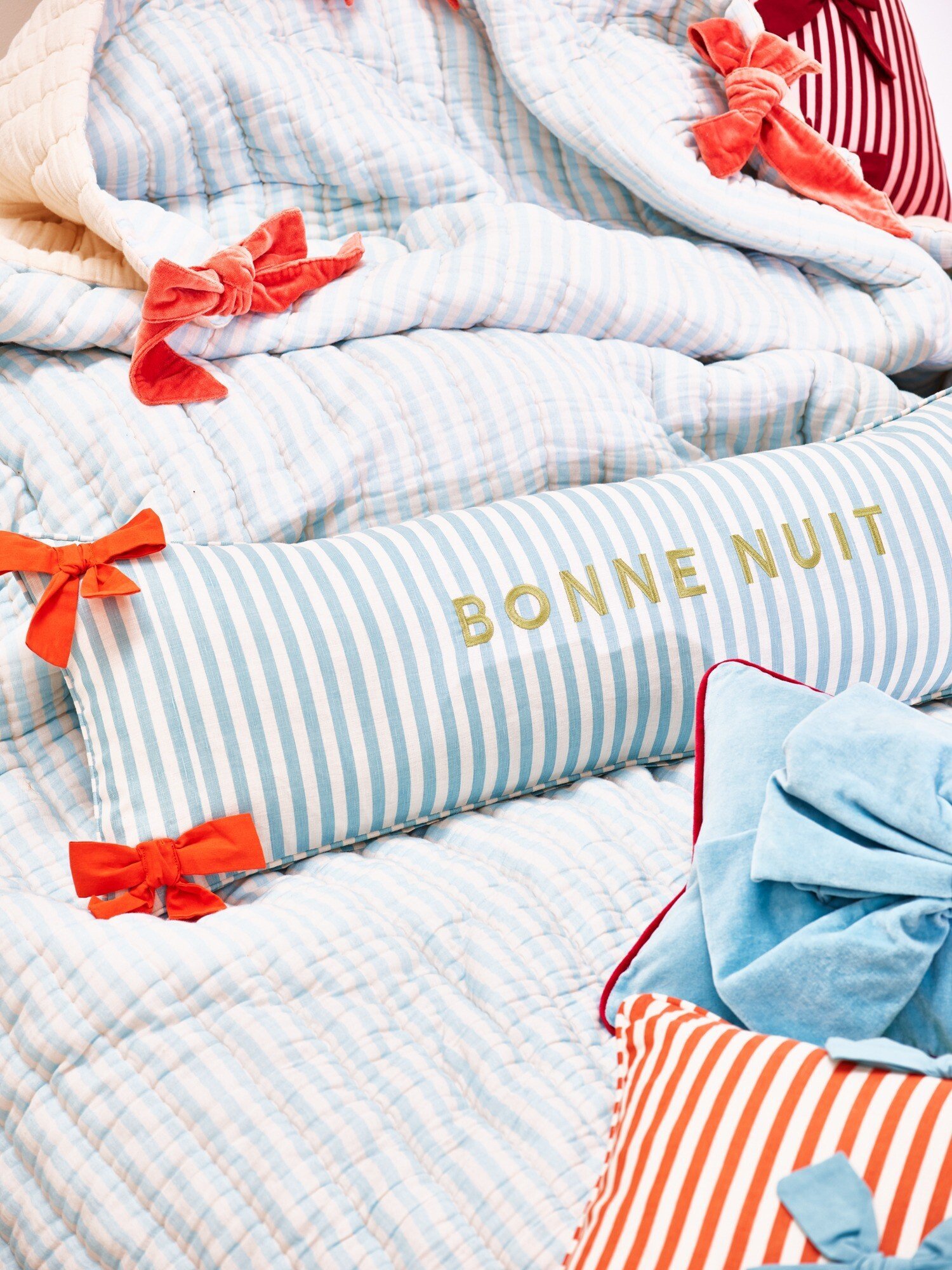Striped Bonne Nuit Bow Bolster Cushion Cover 30x90cm