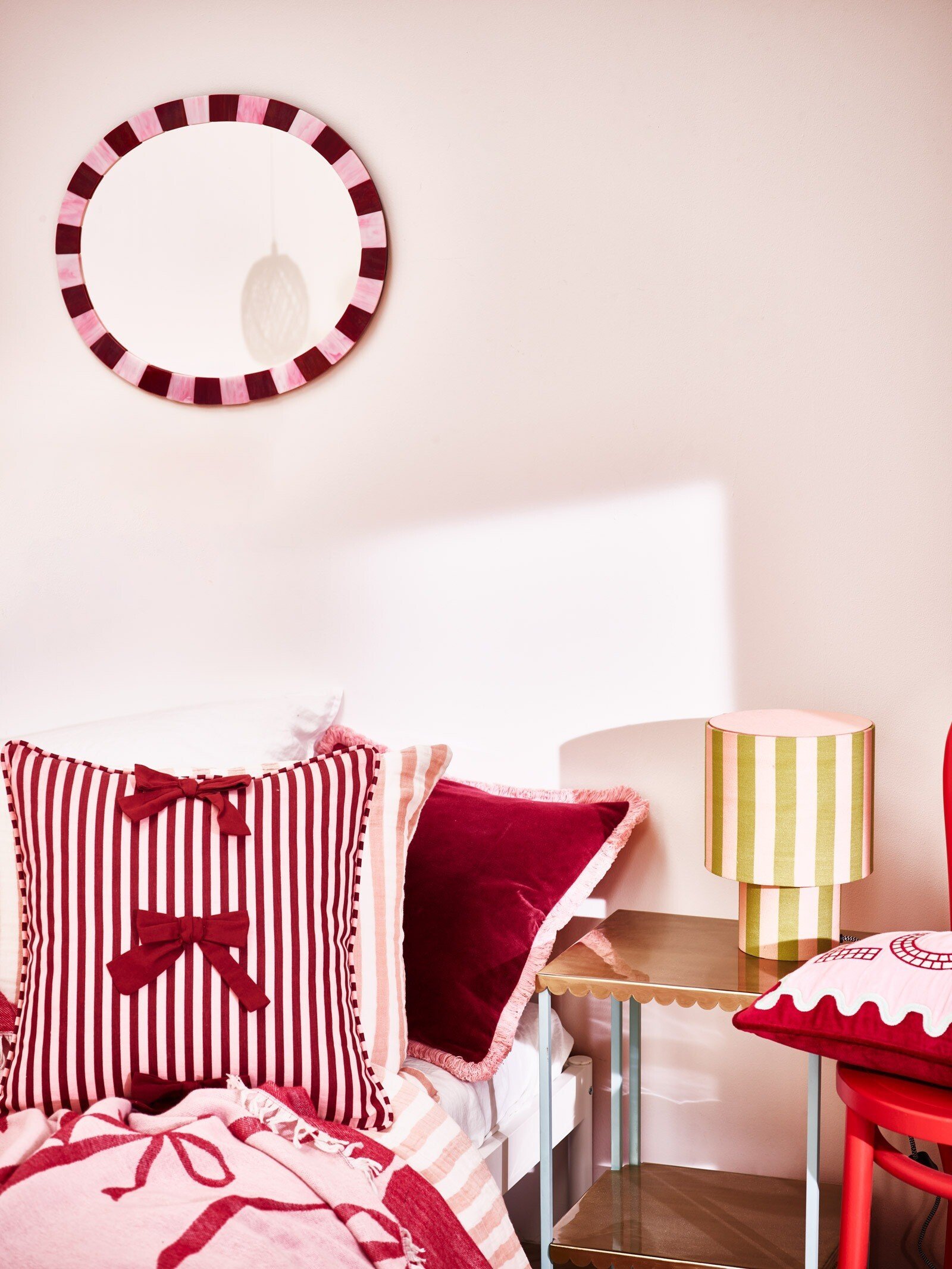 Burgundy Stripe Cotton Bow Cushion Cover 45x45cm