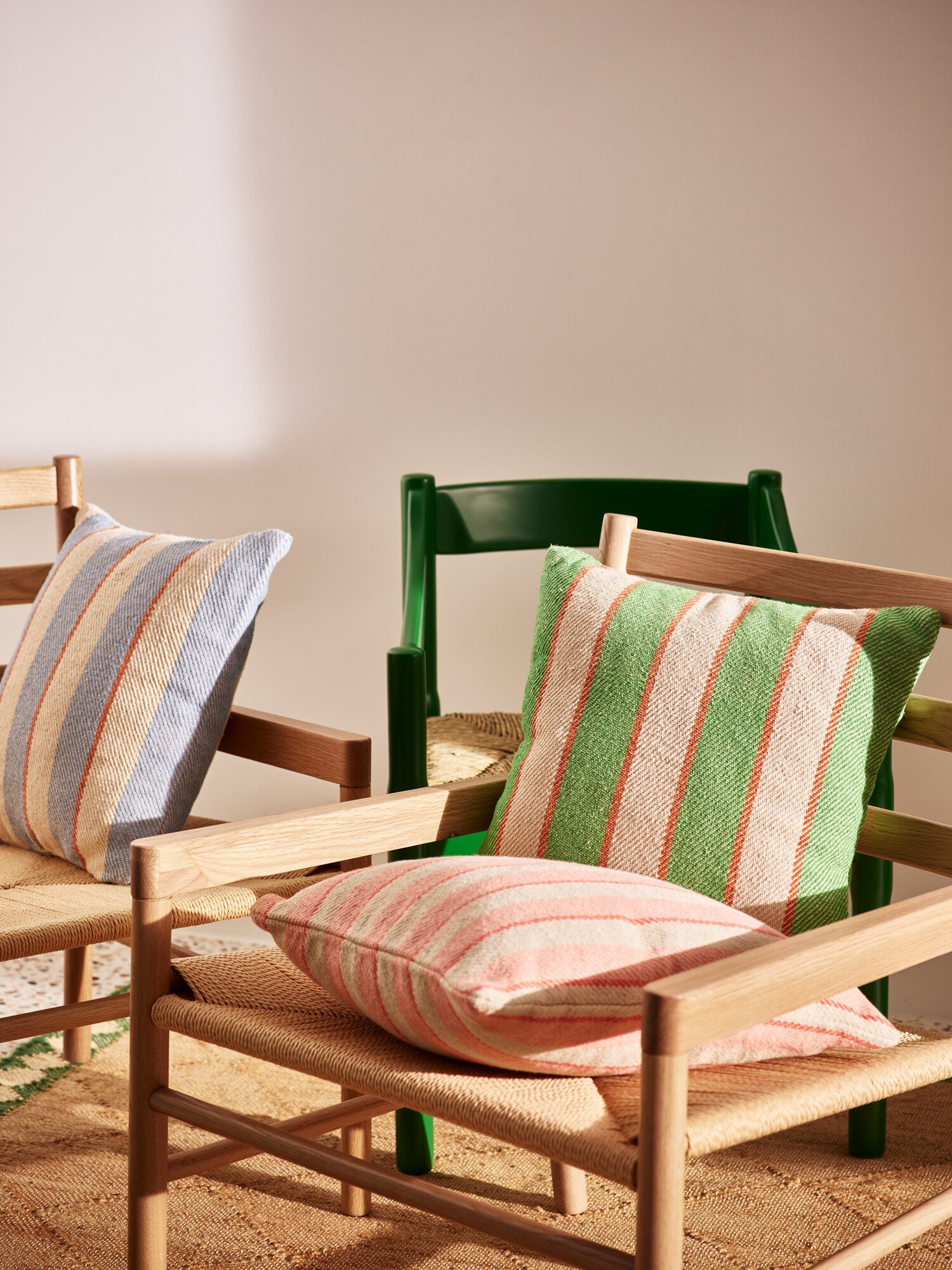 Green White Woven Stripe Cushion Cover 45x45cm Oliver Bonas