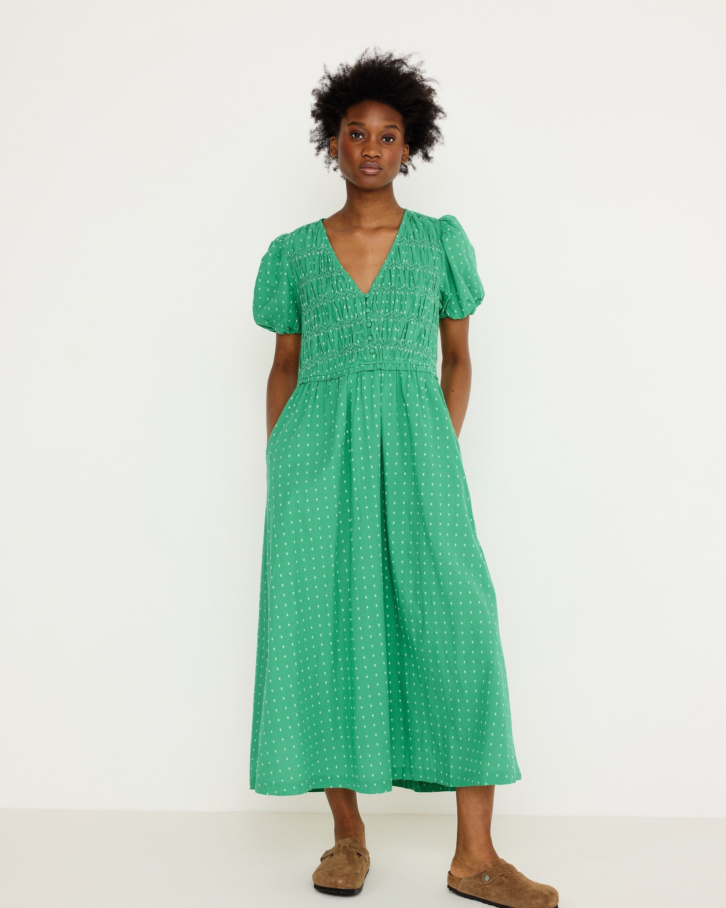Green Dobby Polka Dot V-Neck Puff Sleeve Midi Dress | Oliver Bonas