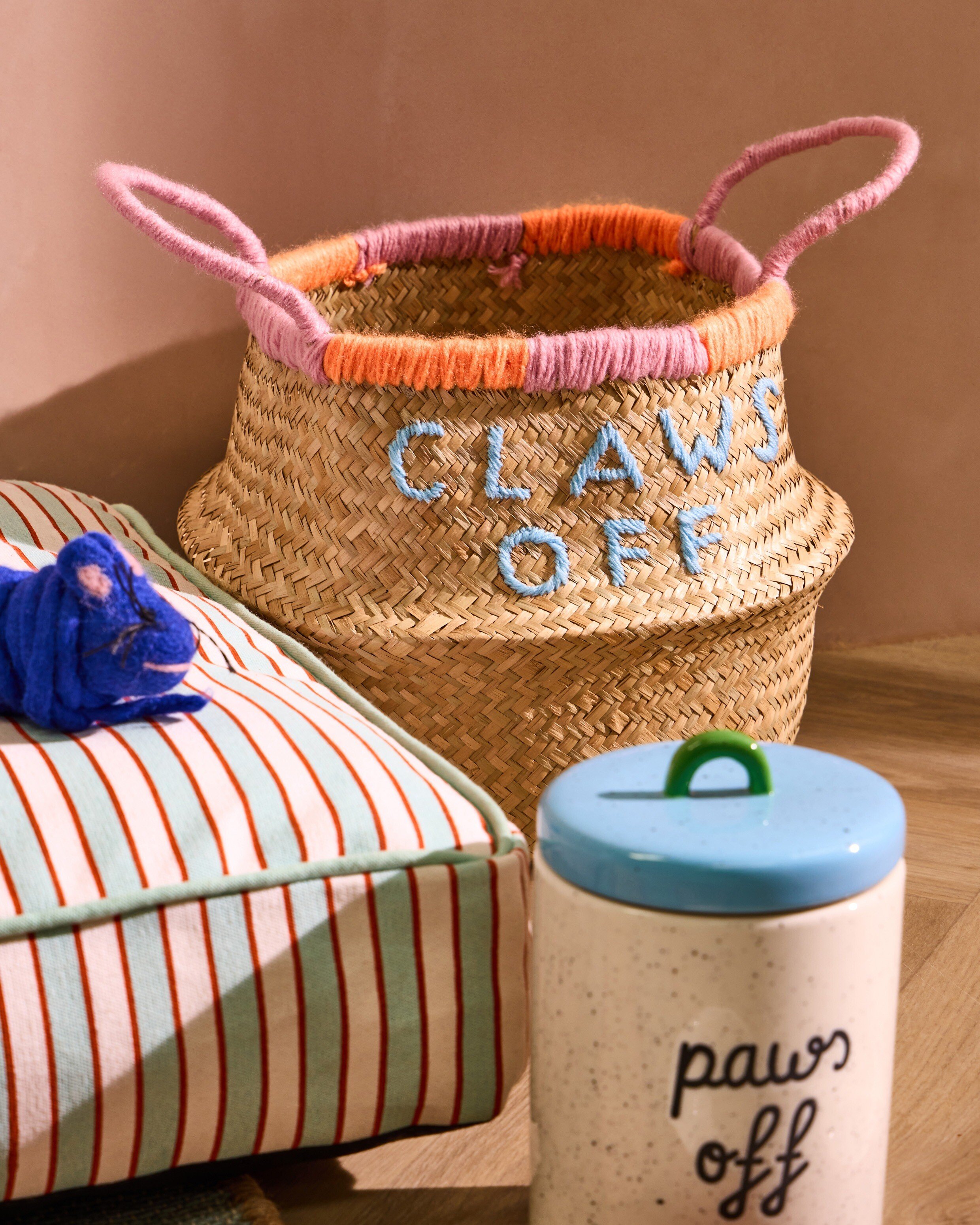 Claws Off Embroidered Seagrass Pet Storage Basket | Oliver Bonas