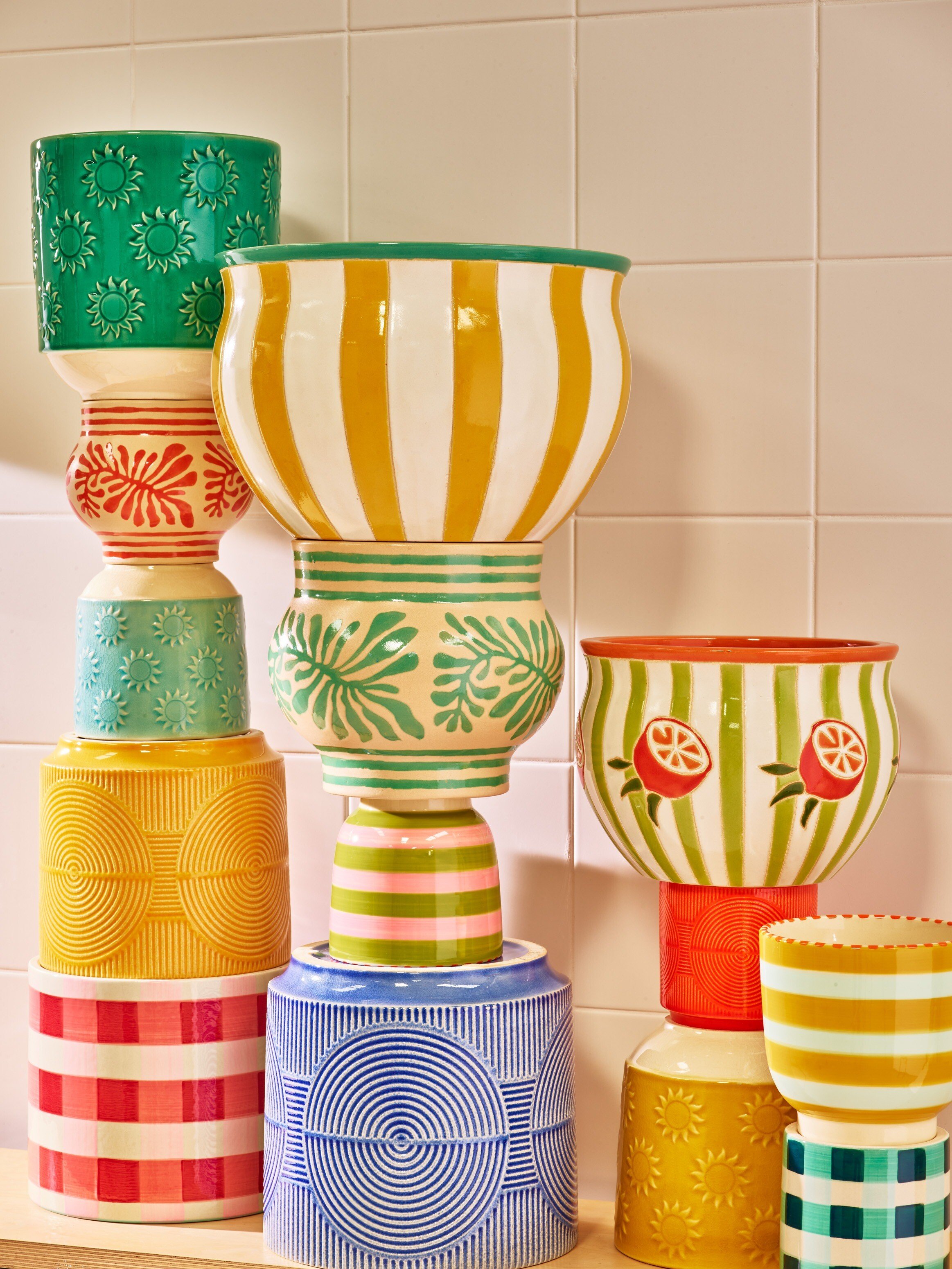 Green Striped Orange Ceramic Plant Pot | Oliver Bonas