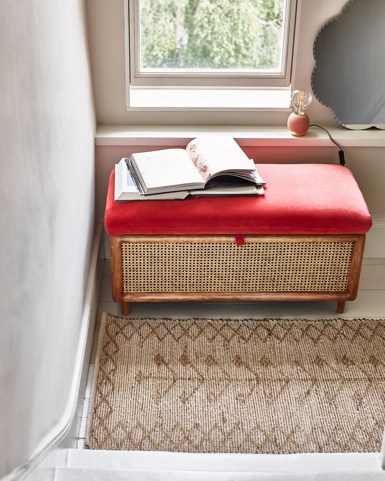 Loha Coral Orange Velvet & Rattan Ottoman | Oliver Bonas