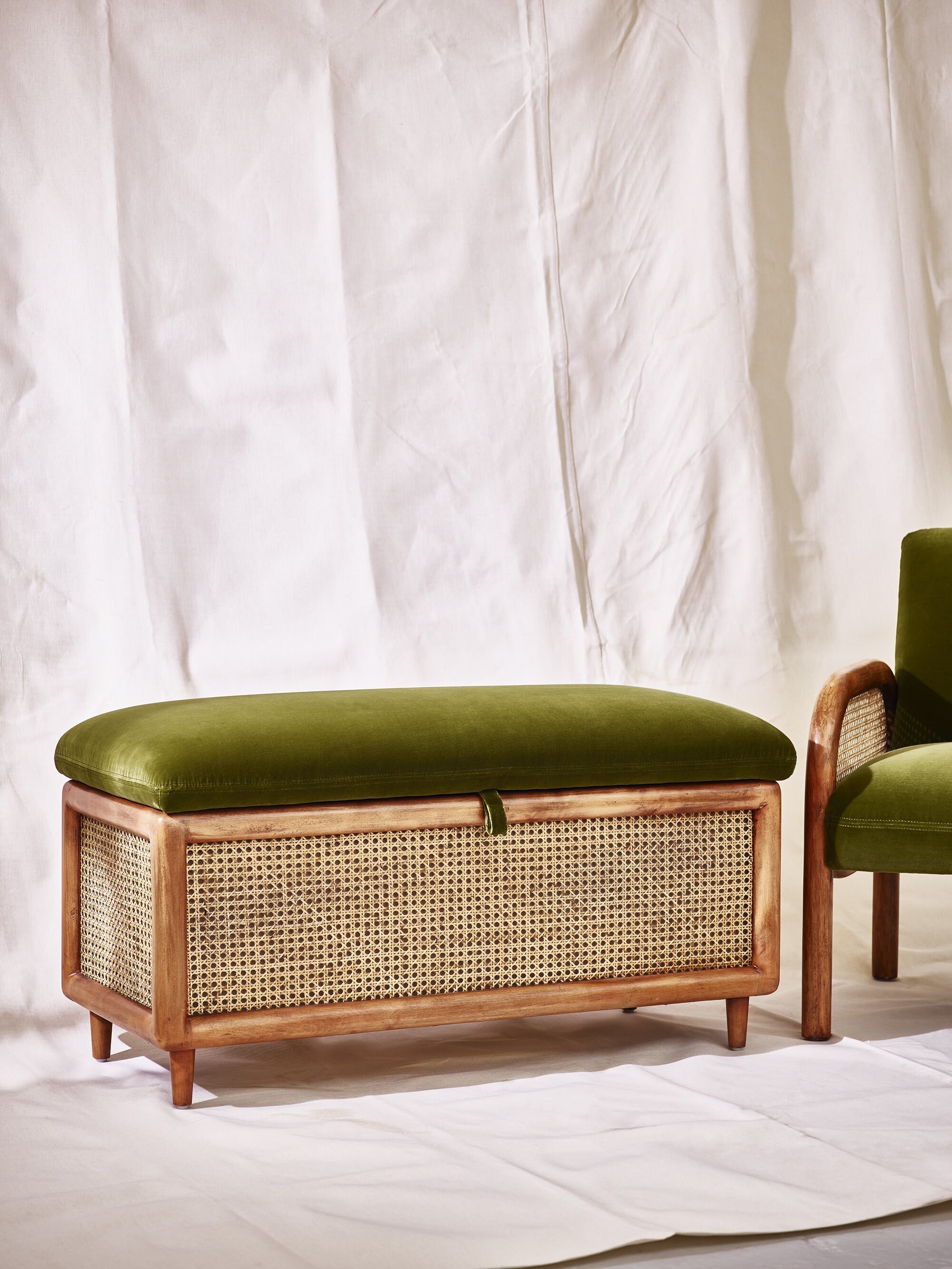 Loha Green Velvet & Rattan Ottoman | Oliver Bonas