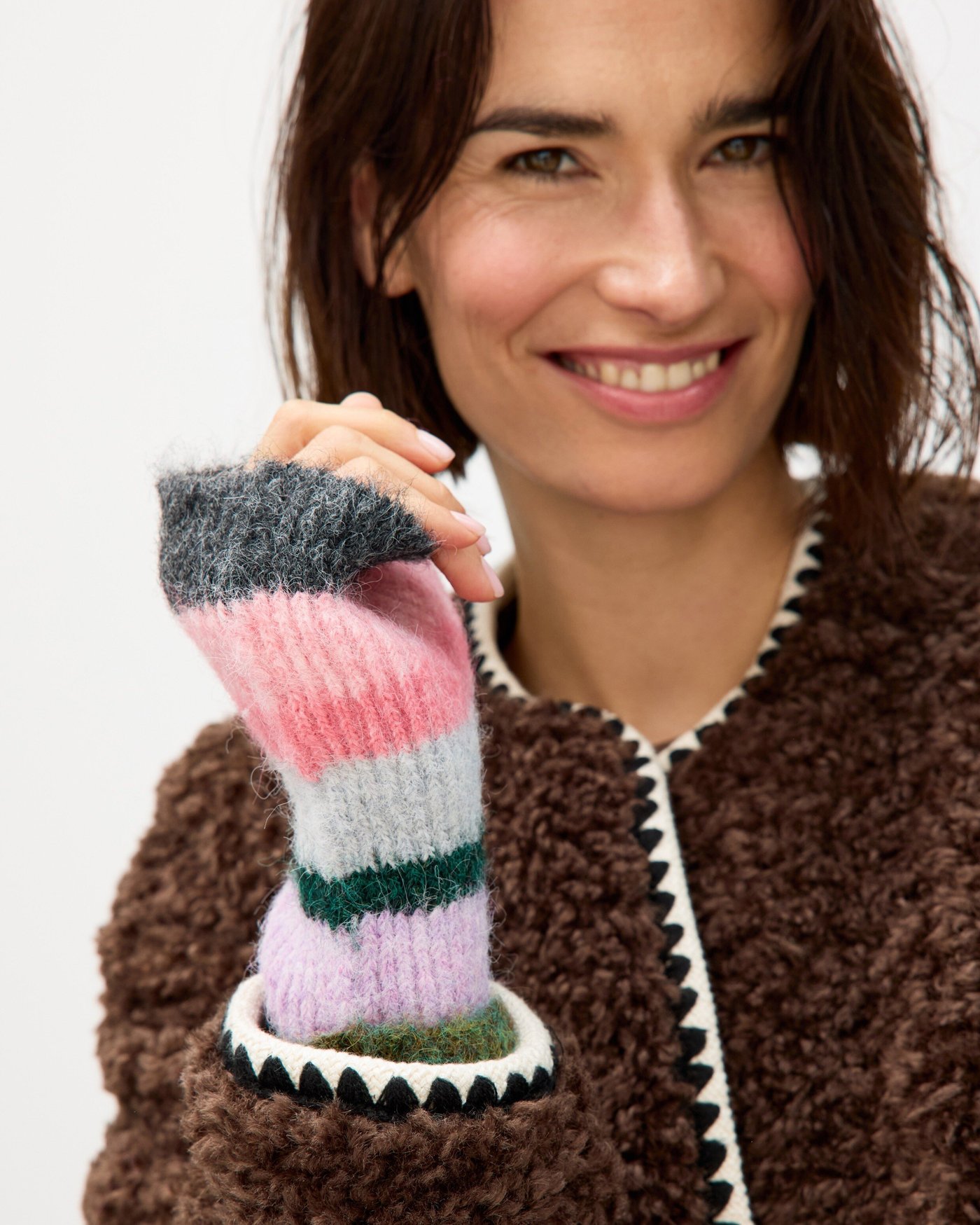 Green & Pink Striped Ribbed Knitted Fingerless Gloves Oliver Bonas