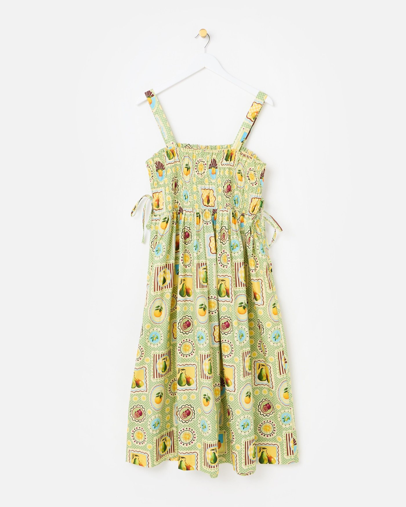 Green Fruit Postcard Print Strappy Midi Dress | Oliver Bonas