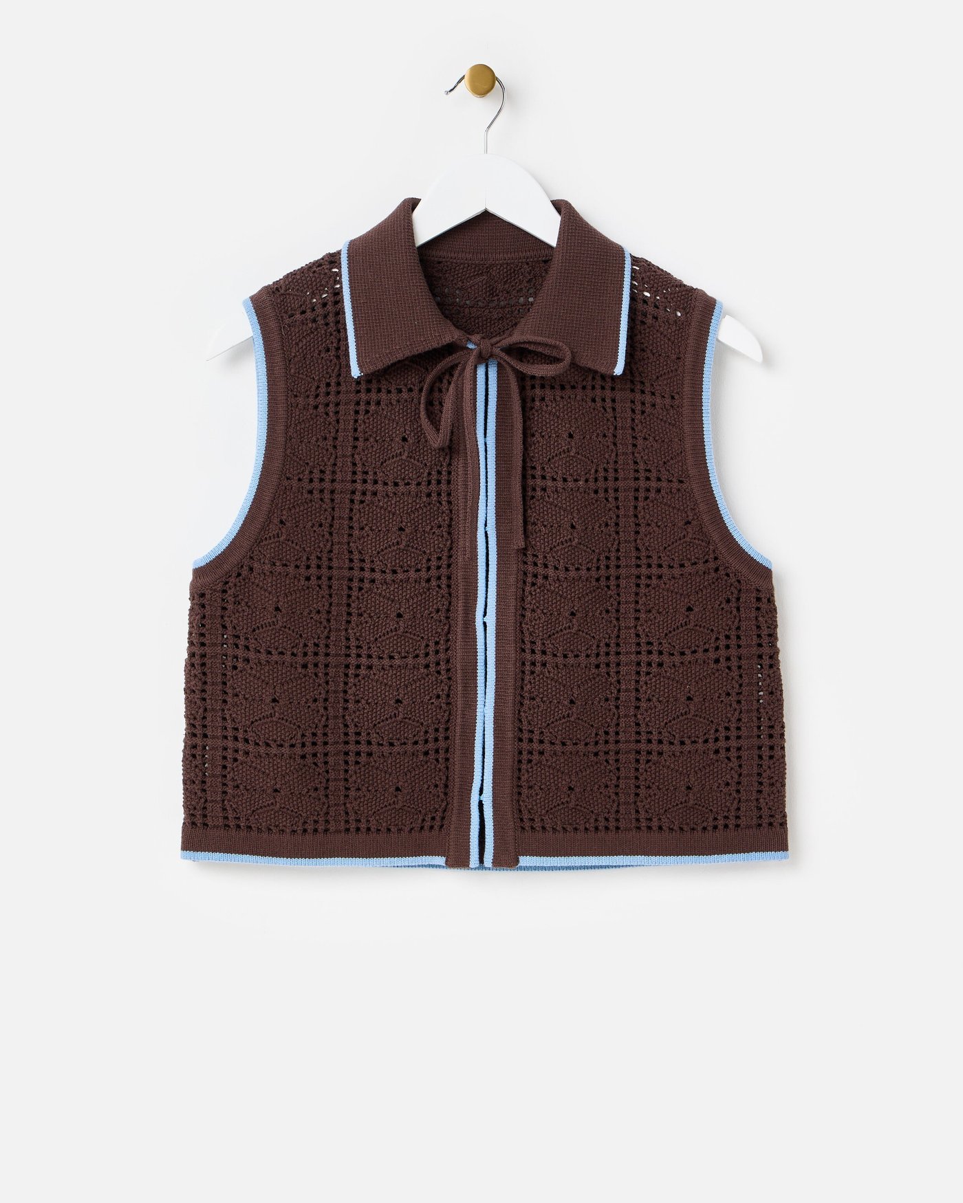 Chocolate Brown Tie Front Crochet Waistcoat | Oliver Bonas