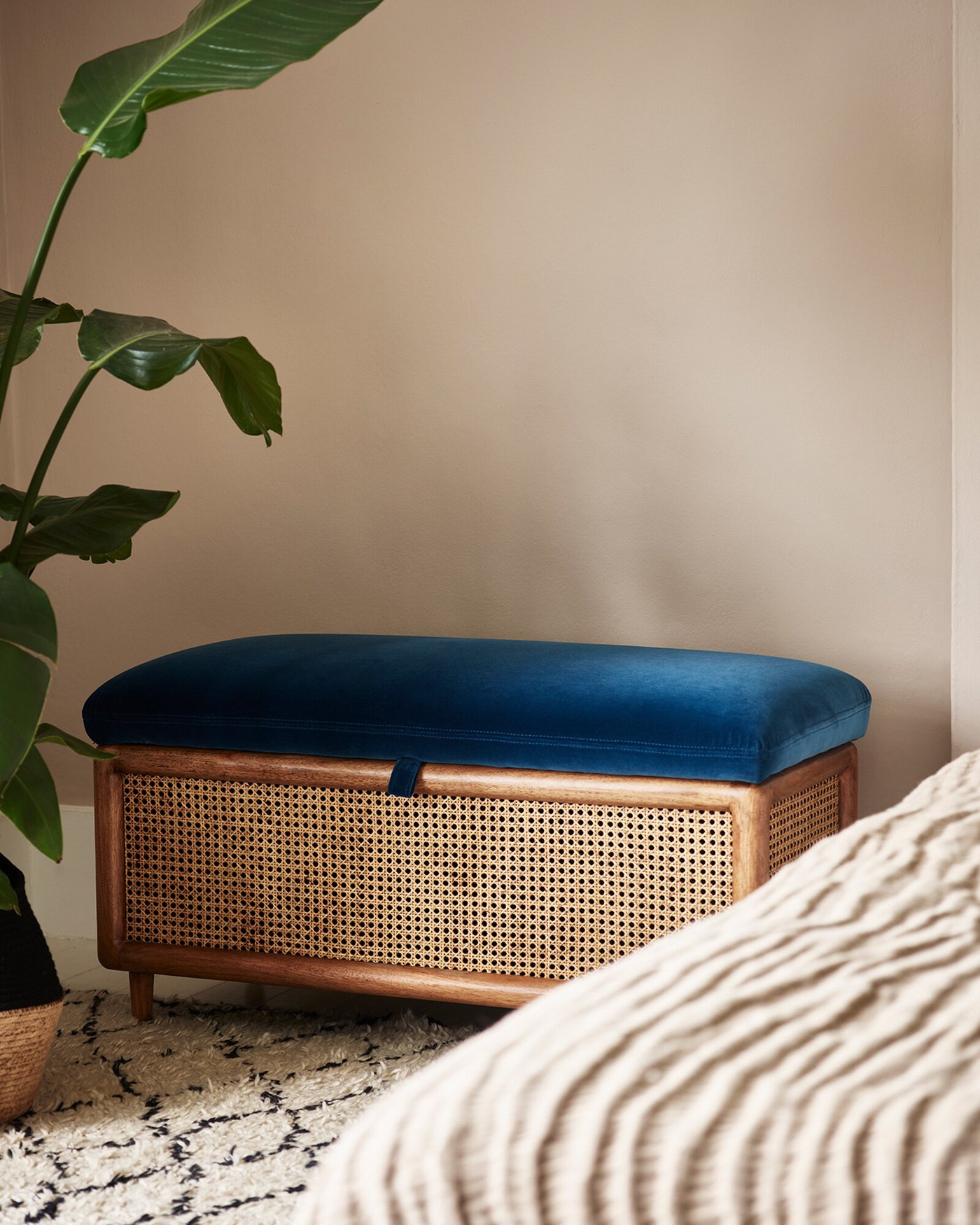 Loha Azure Blue Velvet & Rattan Ottoman | Oliver Bonas