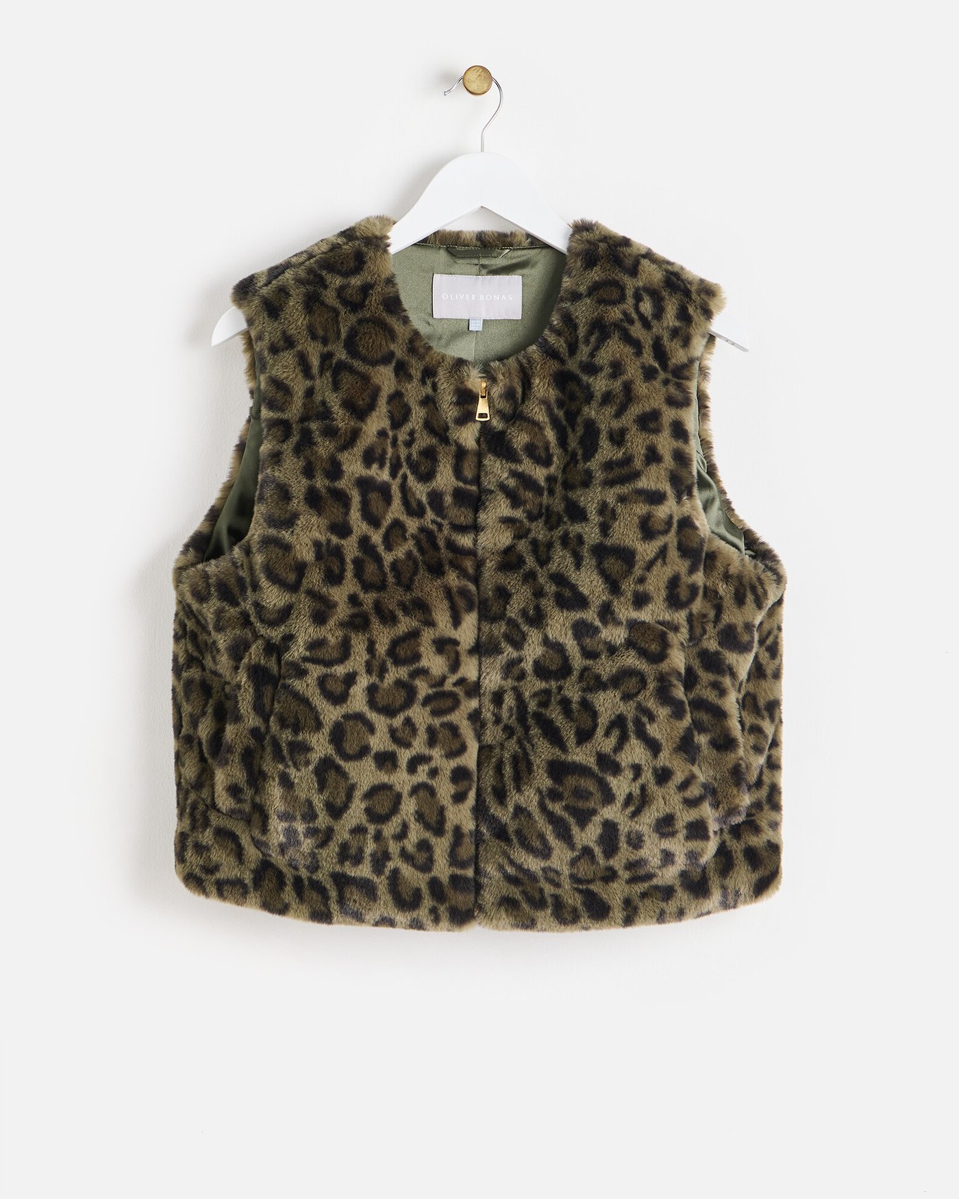 【ORDINARY JOY】Leopard Fur gilet Green Leopard Print Faux Fur Gilet | Oliver Bonas
