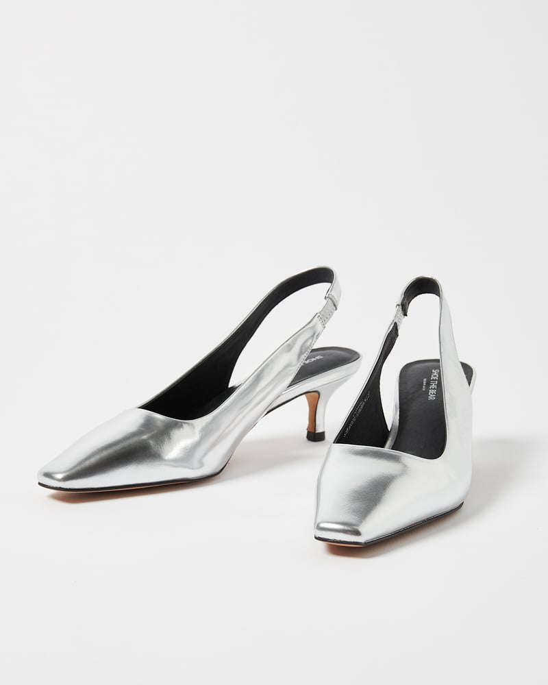 Shoe The Bear Maxine Silver Leather Heeled Slingbacks
