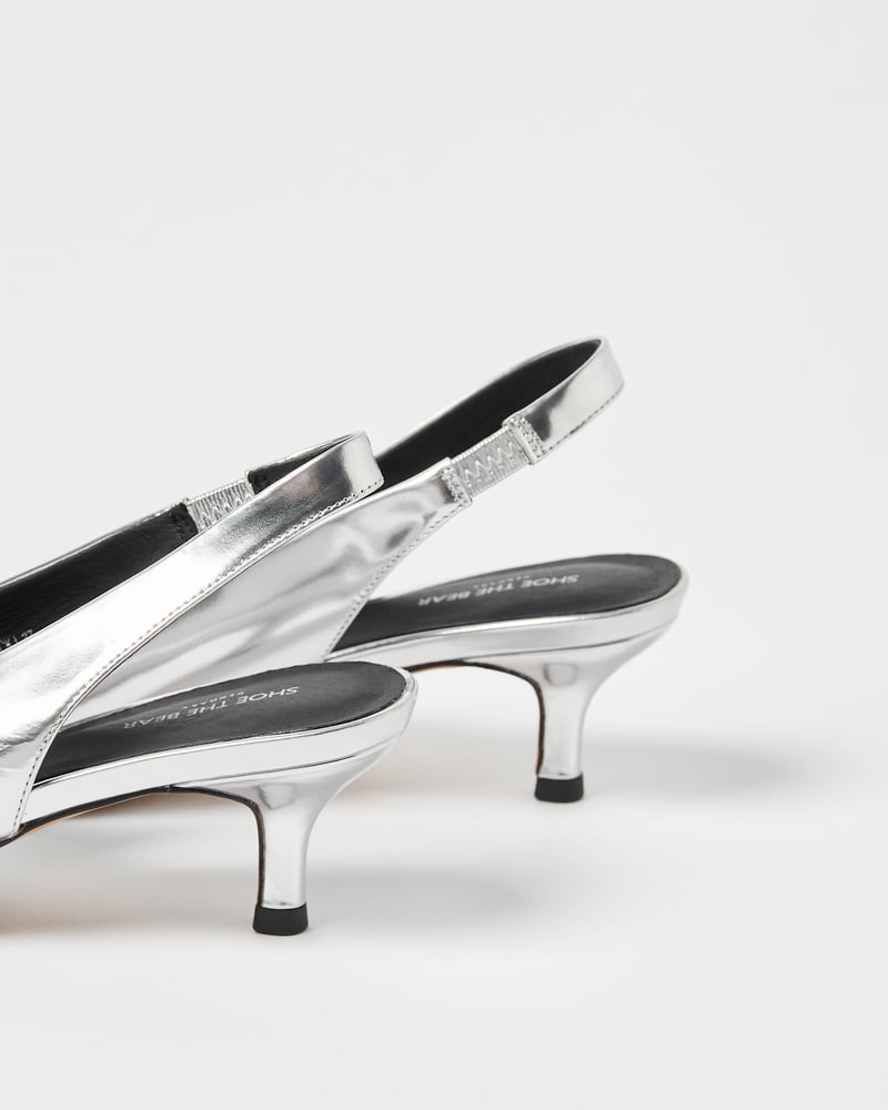 Shoe The Bear Maxine Silver Leather Heeled Slingbacks