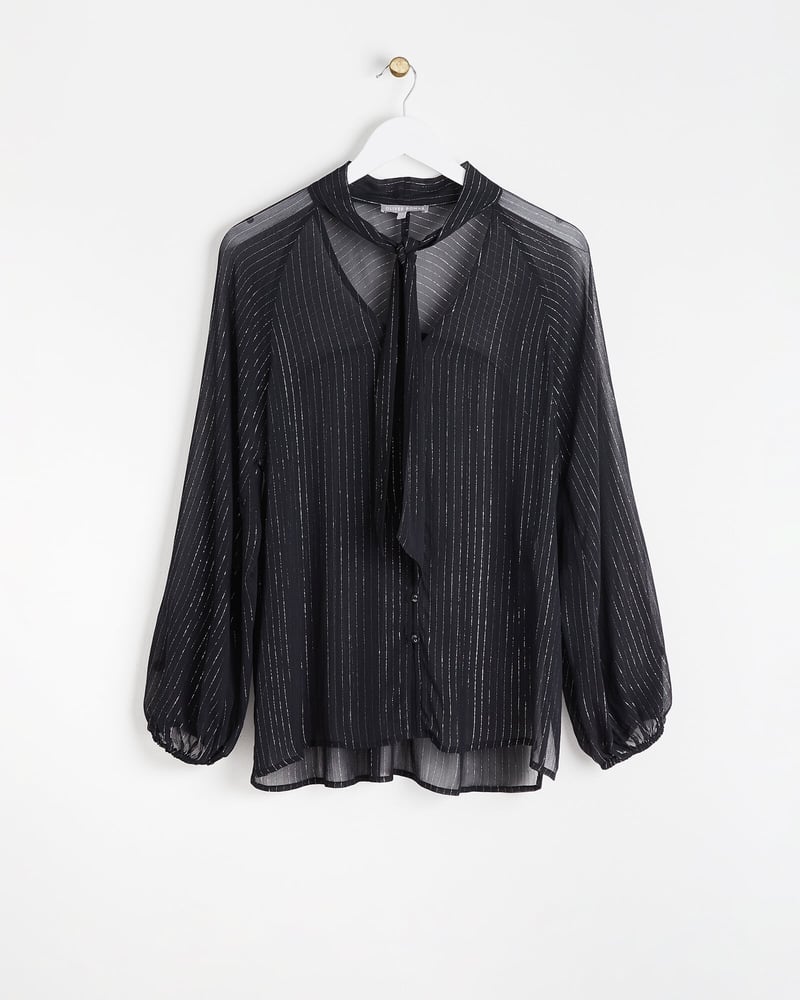 Metallic Stripe Black Tie Neck Blouse