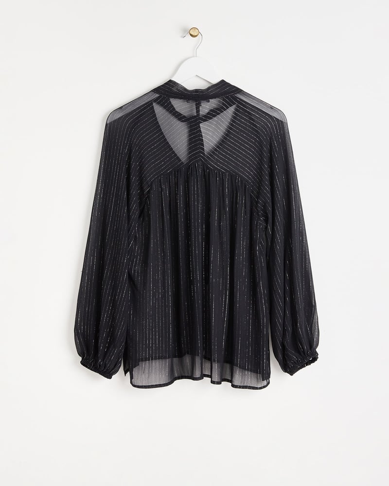 Metallic Stripe Black Tie Neck Blouse