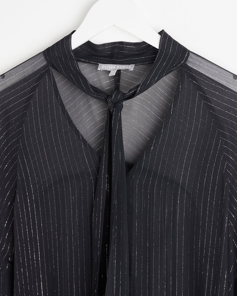 Metallic Stripe Black Tie Neck Blouse