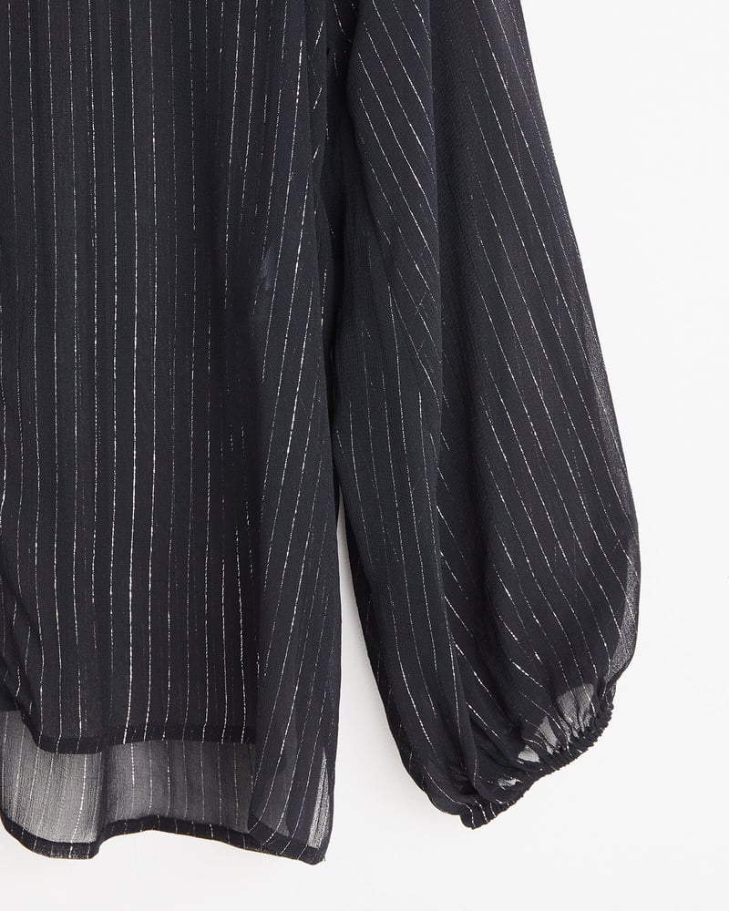 Metallic Stripe Black Tie Neck Blouse