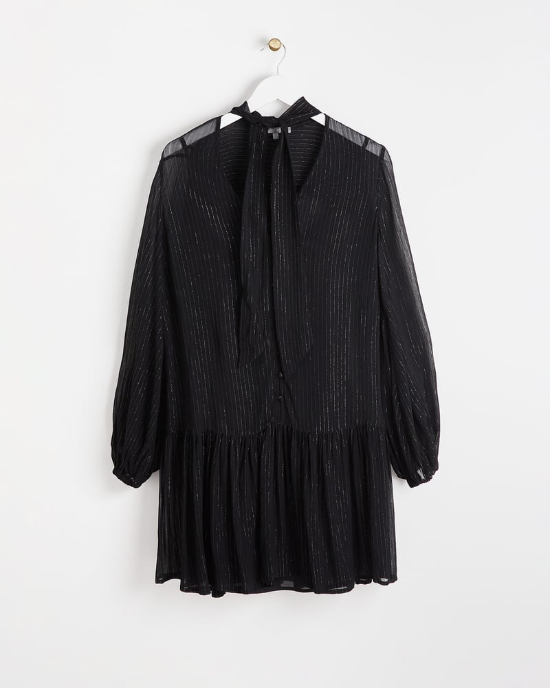 Metallic Stripe Black Tie Neck Mini Dress