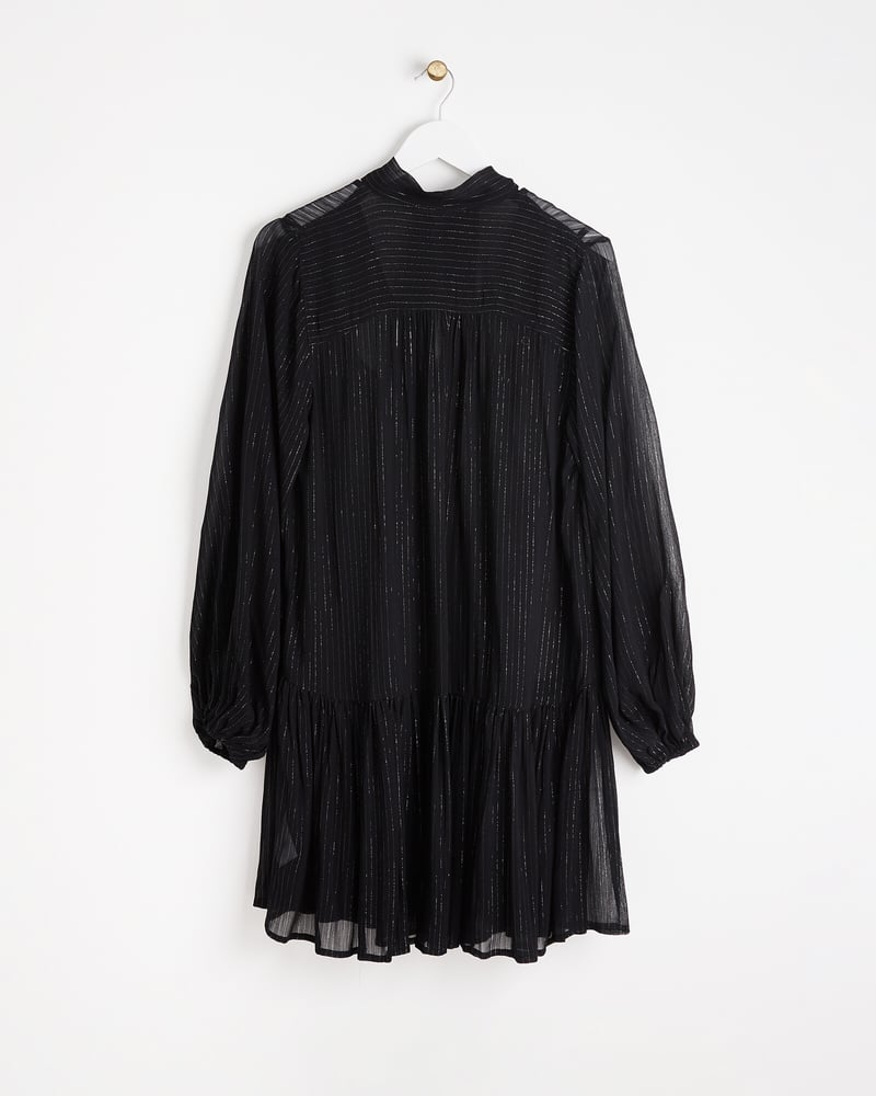 Metallic Stripe Black Tie Neck Mini Dress