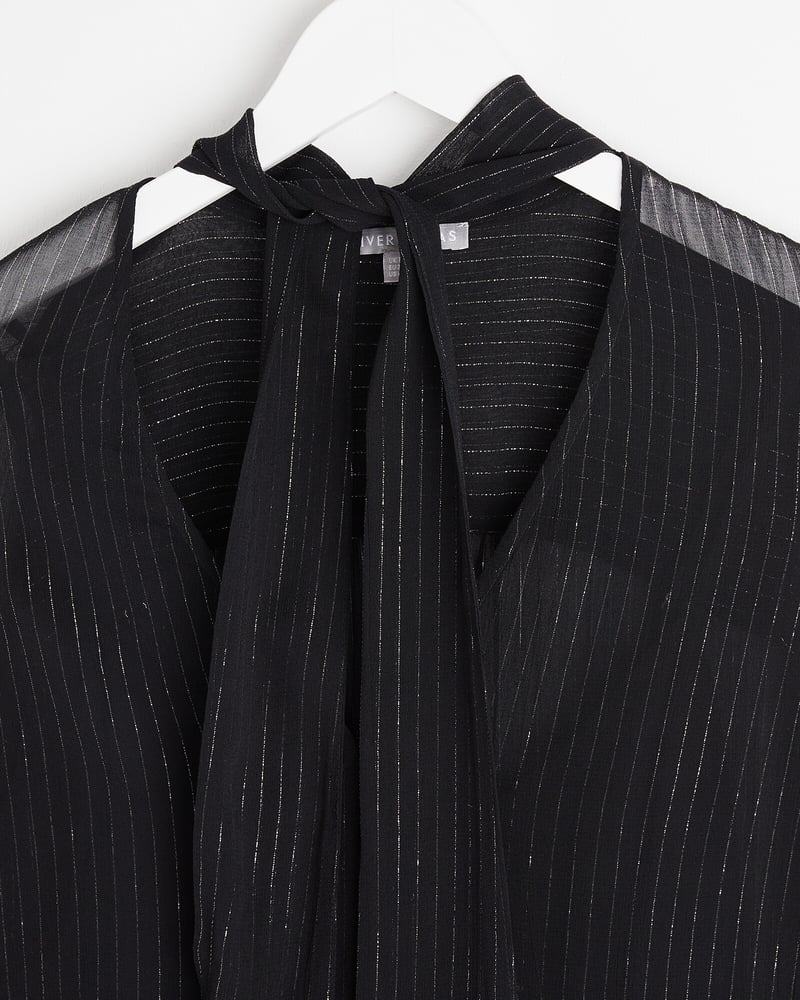 Metallic Stripe Black Tie Neck Mini Dress