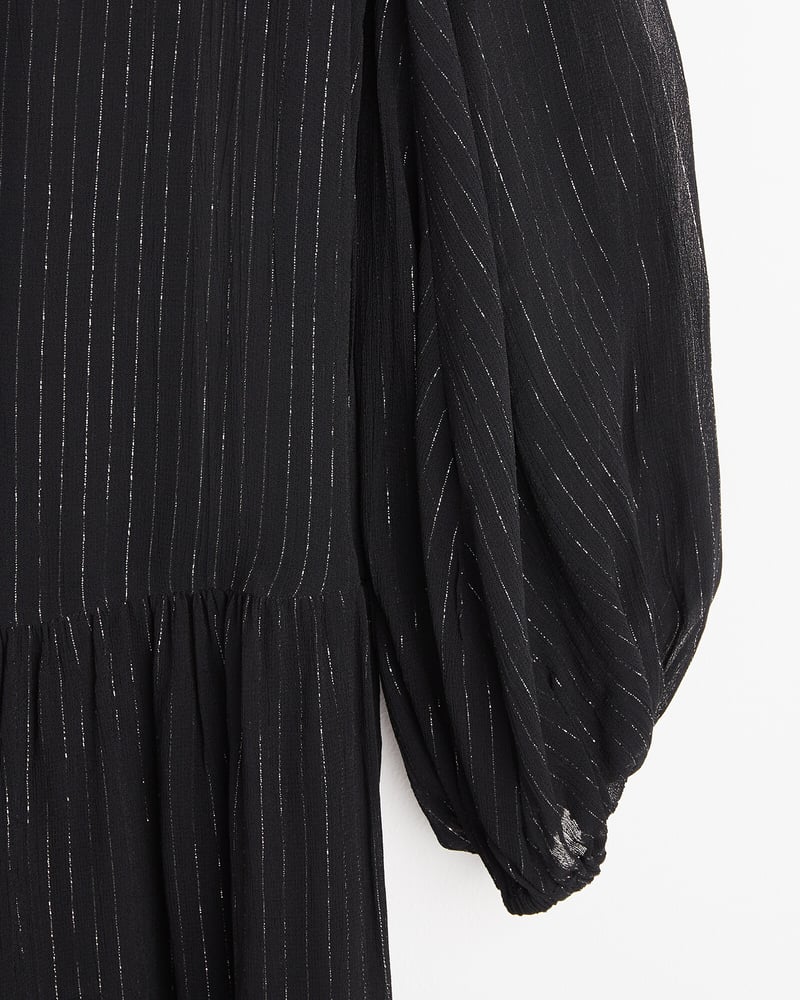 Metallic Stripe Black Tie Neck Mini Dress