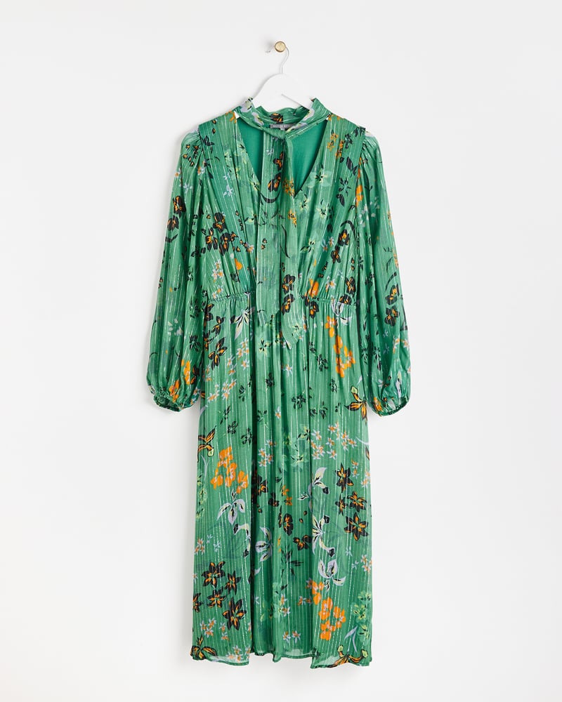 Floral Metallic Stripe Green Midi Dress