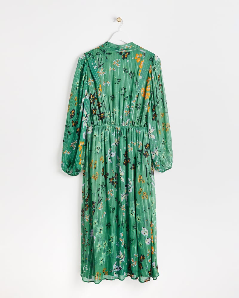 Floral Metallic Stripe Green Midi Dress