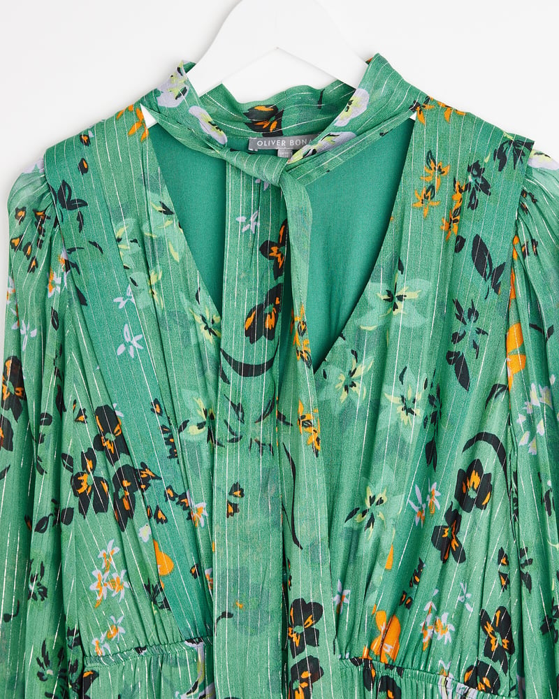 Floral Metallic Stripe Green Midi Dress