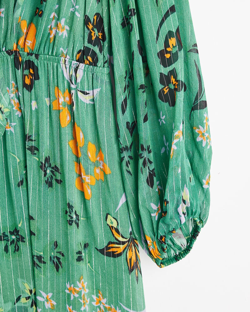 Floral Metallic Stripe Green Midi Dress