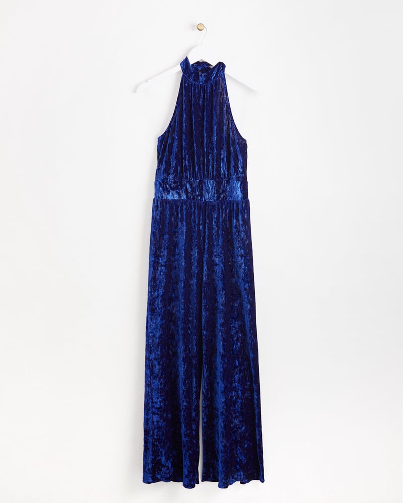Blue Crinkle Velvet Halter Neck Jumpsuit