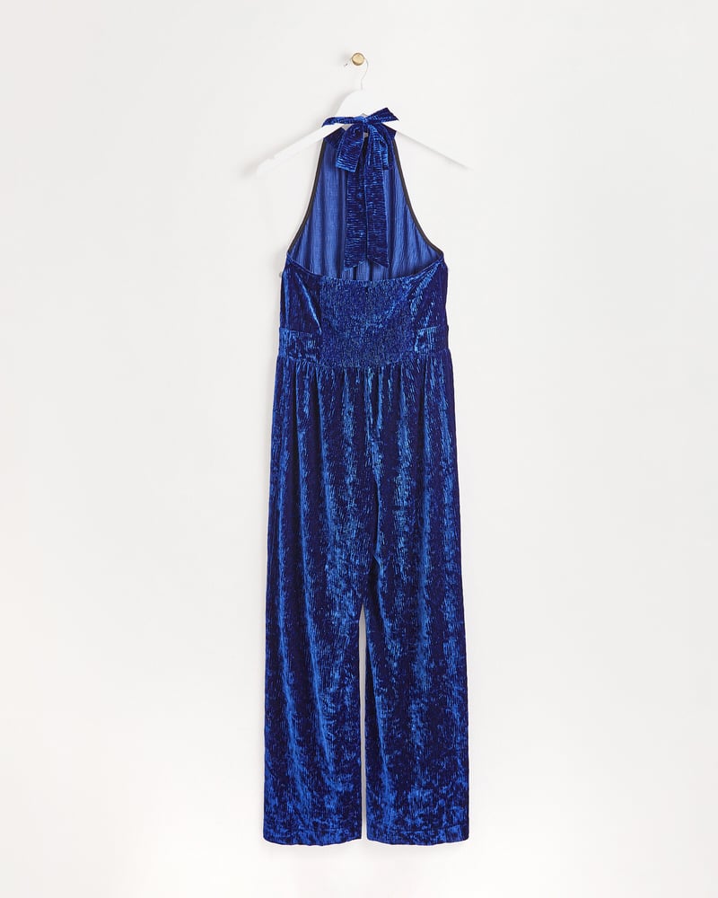 Blue Crinkle Velvet Halter Neck Jumpsuit