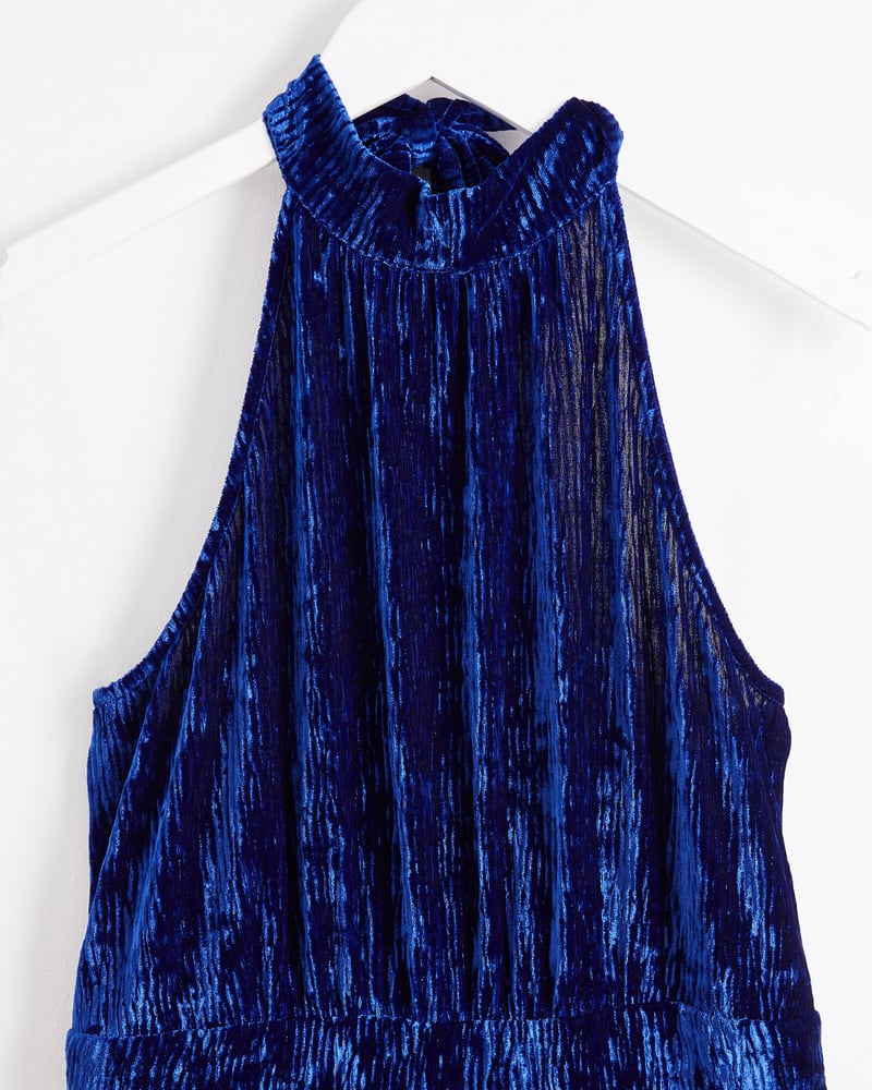Blue Crinkle Velvet Halter Neck Jumpsuit