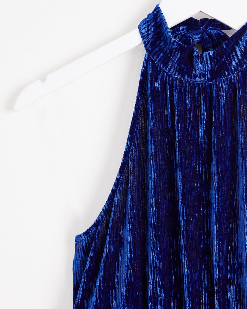 Blue Crinkle Velvet Halter Neck Jumpsuit