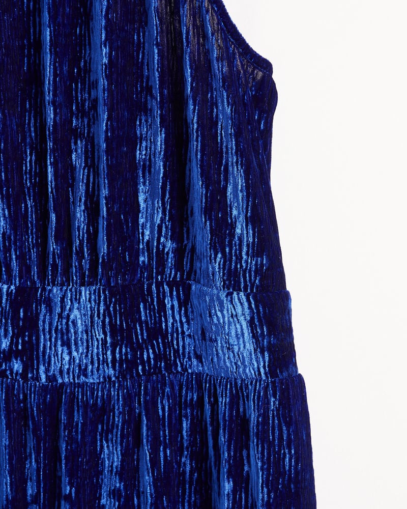 Blue Crinkle Velvet Halter Neck Jumpsuit