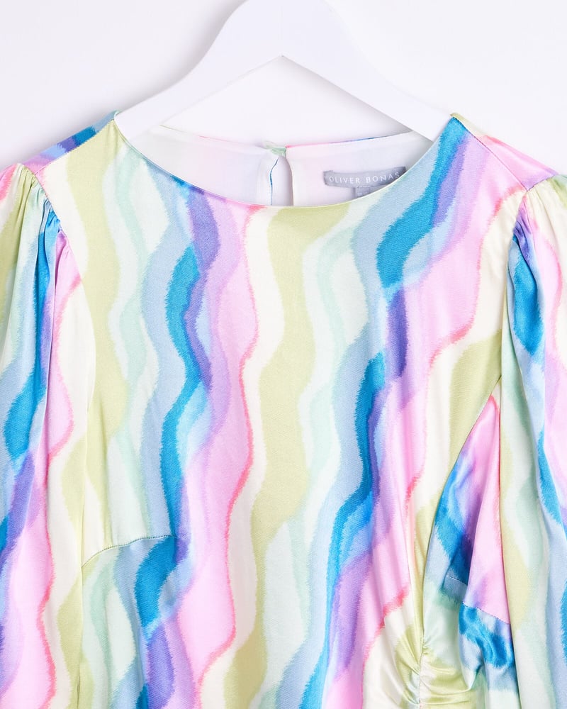 Rainbow Swirl Print Ruched Midi Dress
