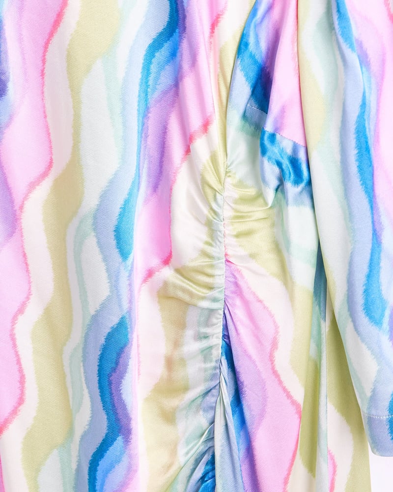 Rainbow Swirl Print Ruched Midi Dress