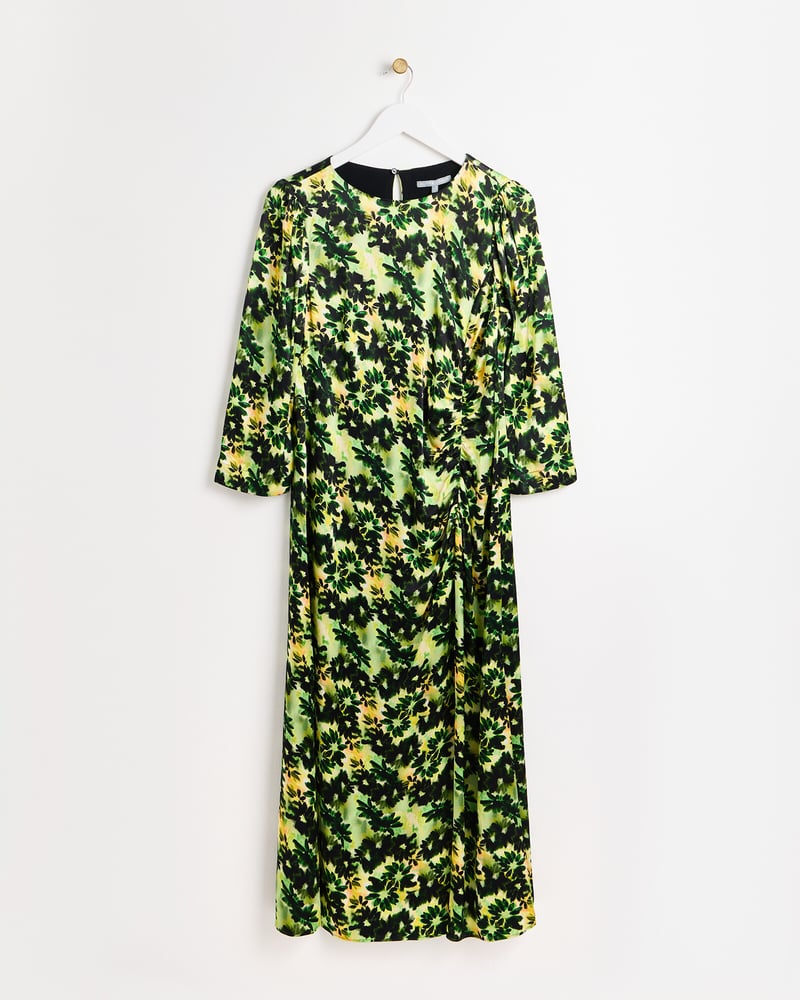 Inky Floral Print Yellow Midi Dress