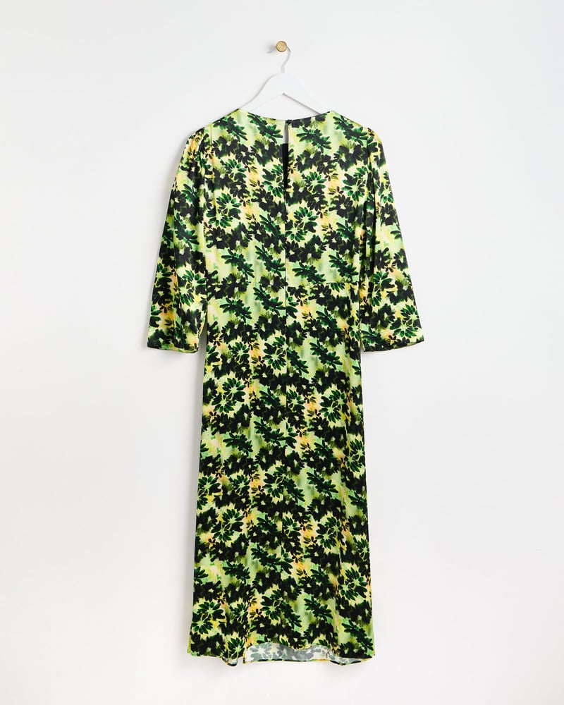 Inky Floral Print Yellow Midi Dress