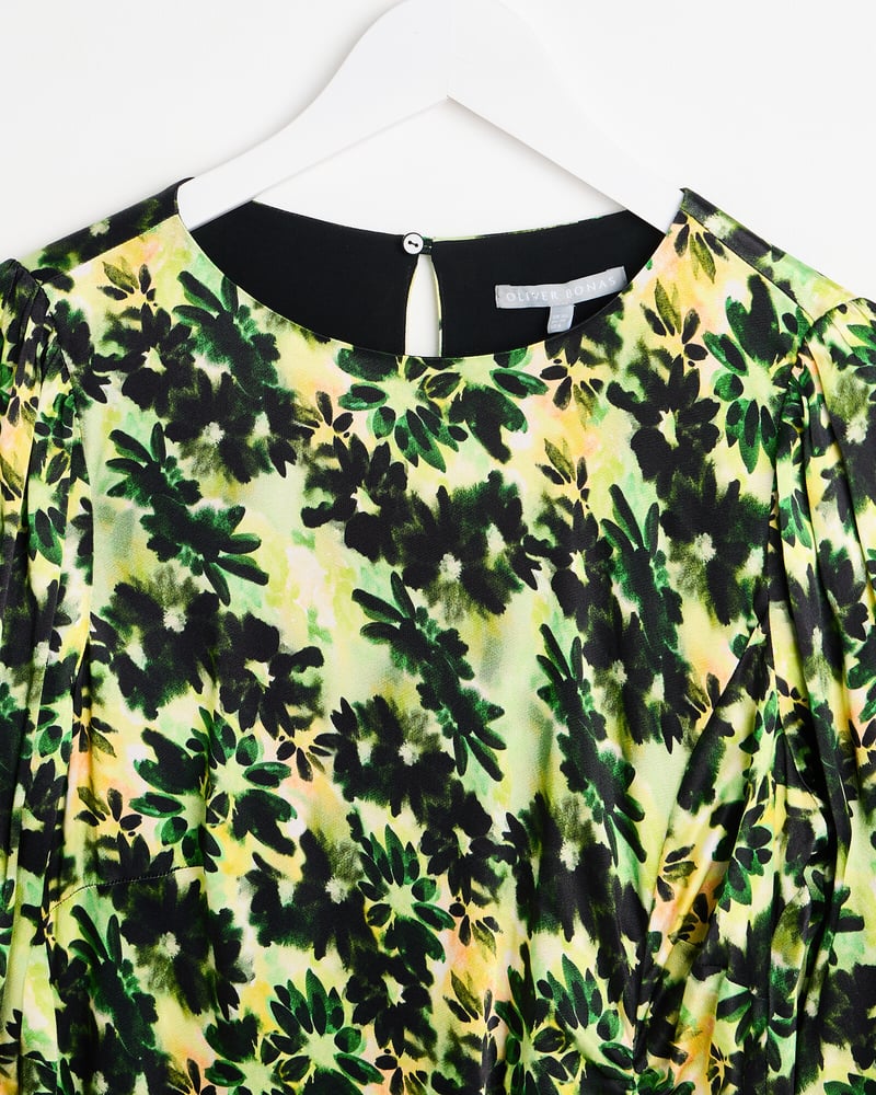 Inky Floral Print Yellow Midi Dress
