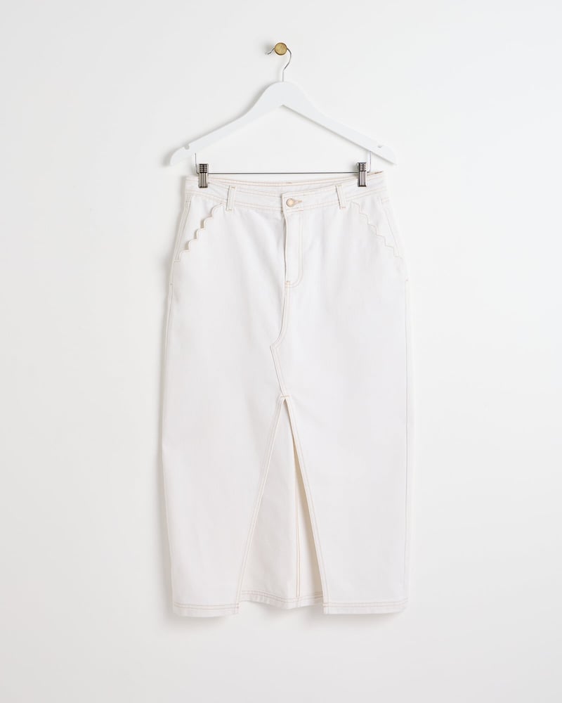 Ecru White Contrast Stitch Midi Skirt