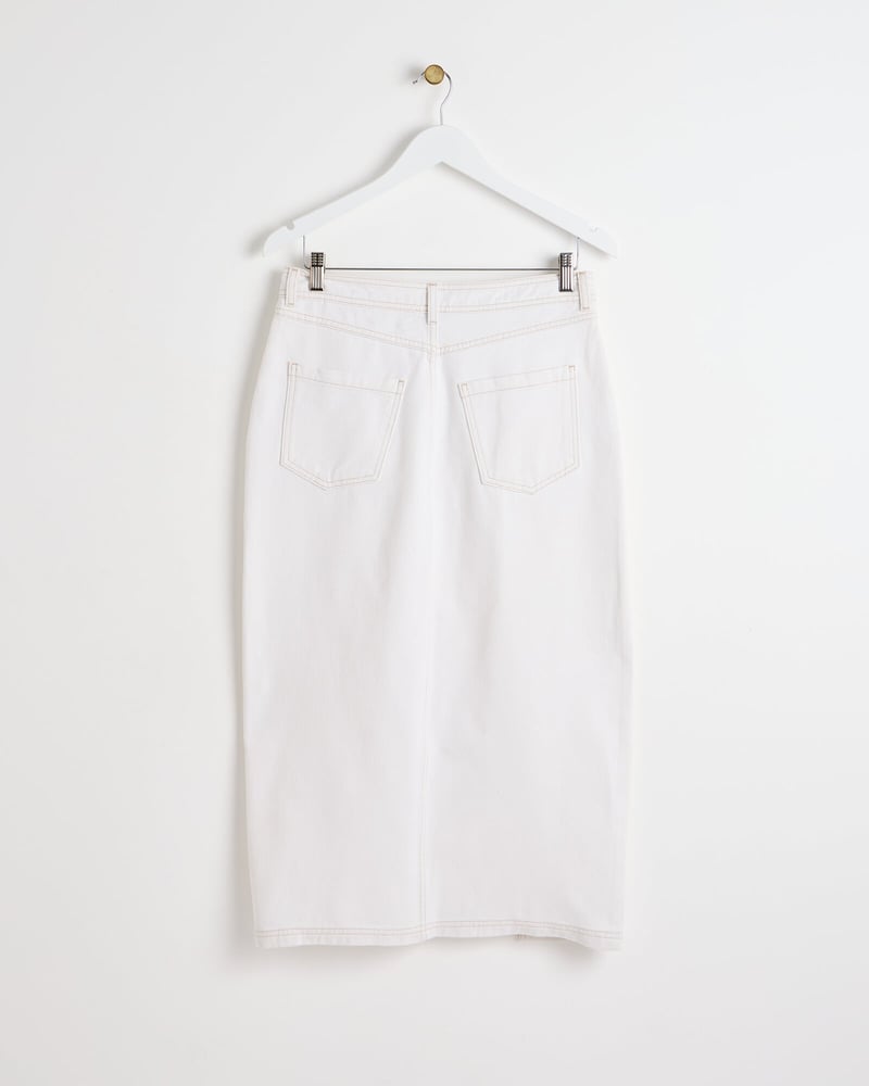 Ecru White Contrast Stitch Midi Skirt