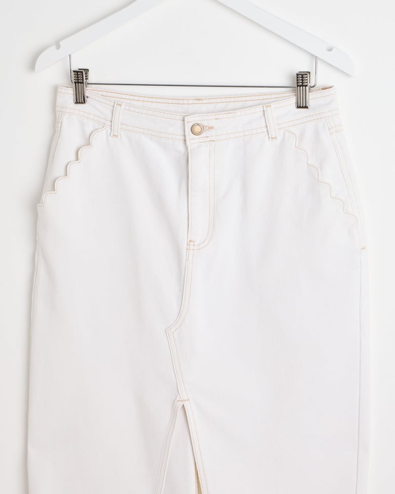 Ecru White Contrast Stitch Midi Skirt